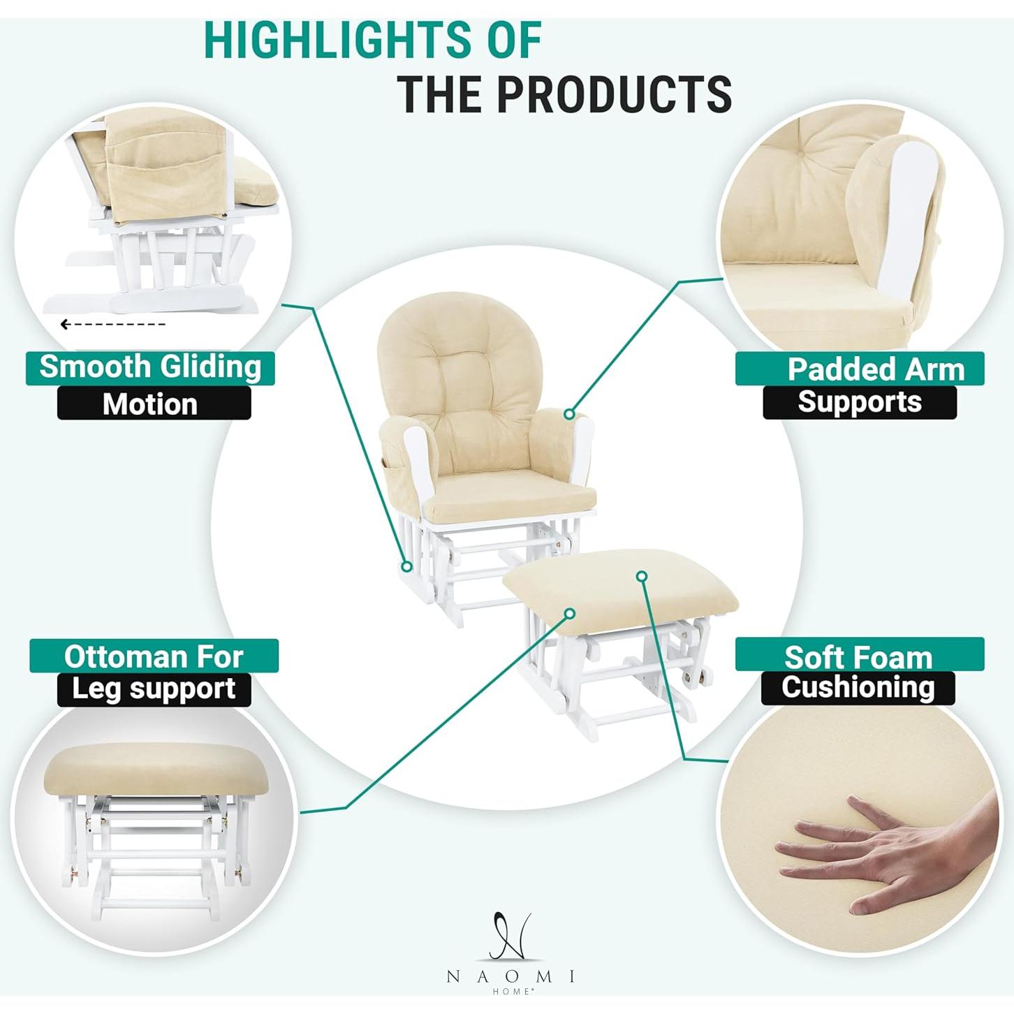 Conjunto Glider y Ottoman Naomi Home - Silla de Lactancia Blanca