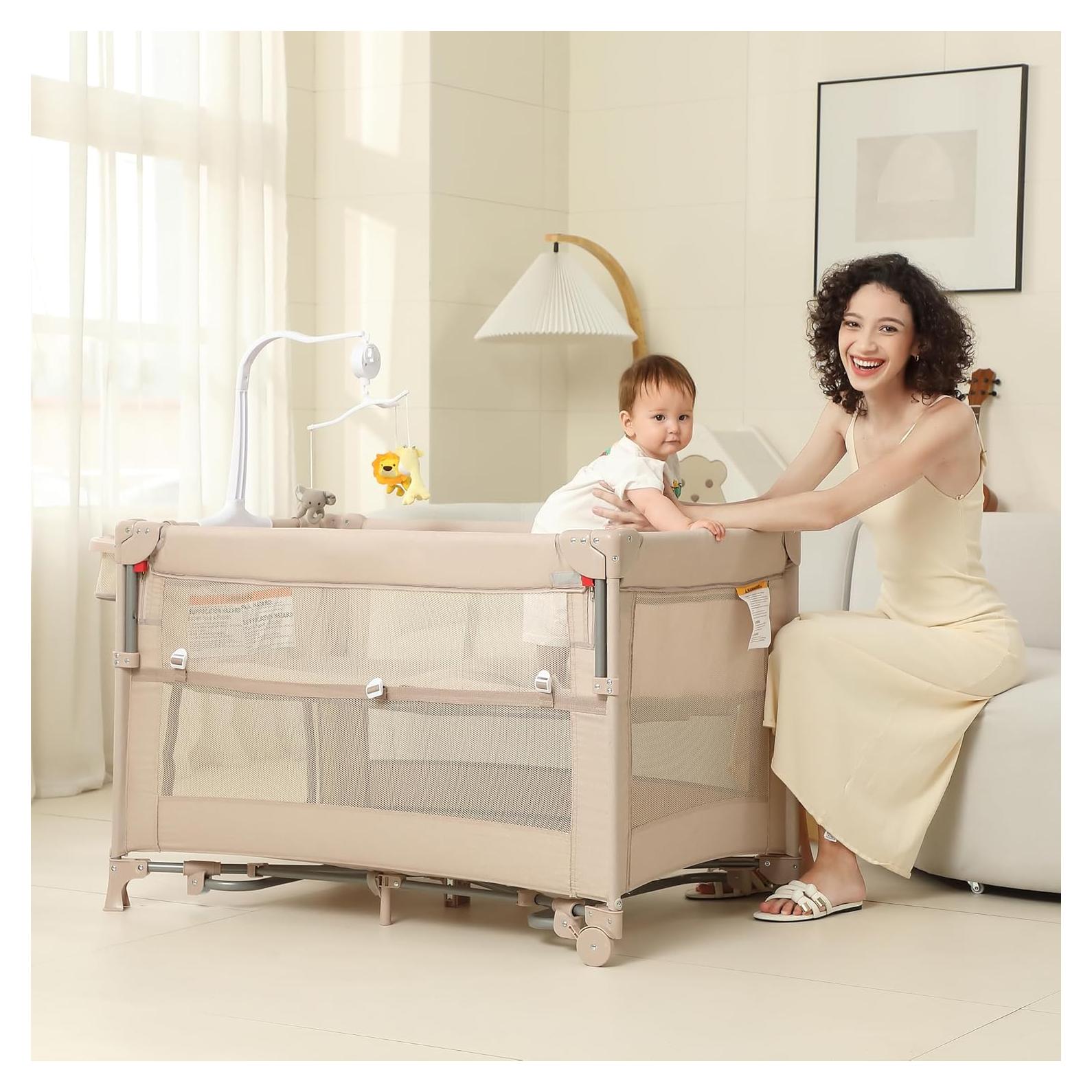 Cuna de Bebé 5 en 1 A2DAO Beige - Parque Infantil Plegable