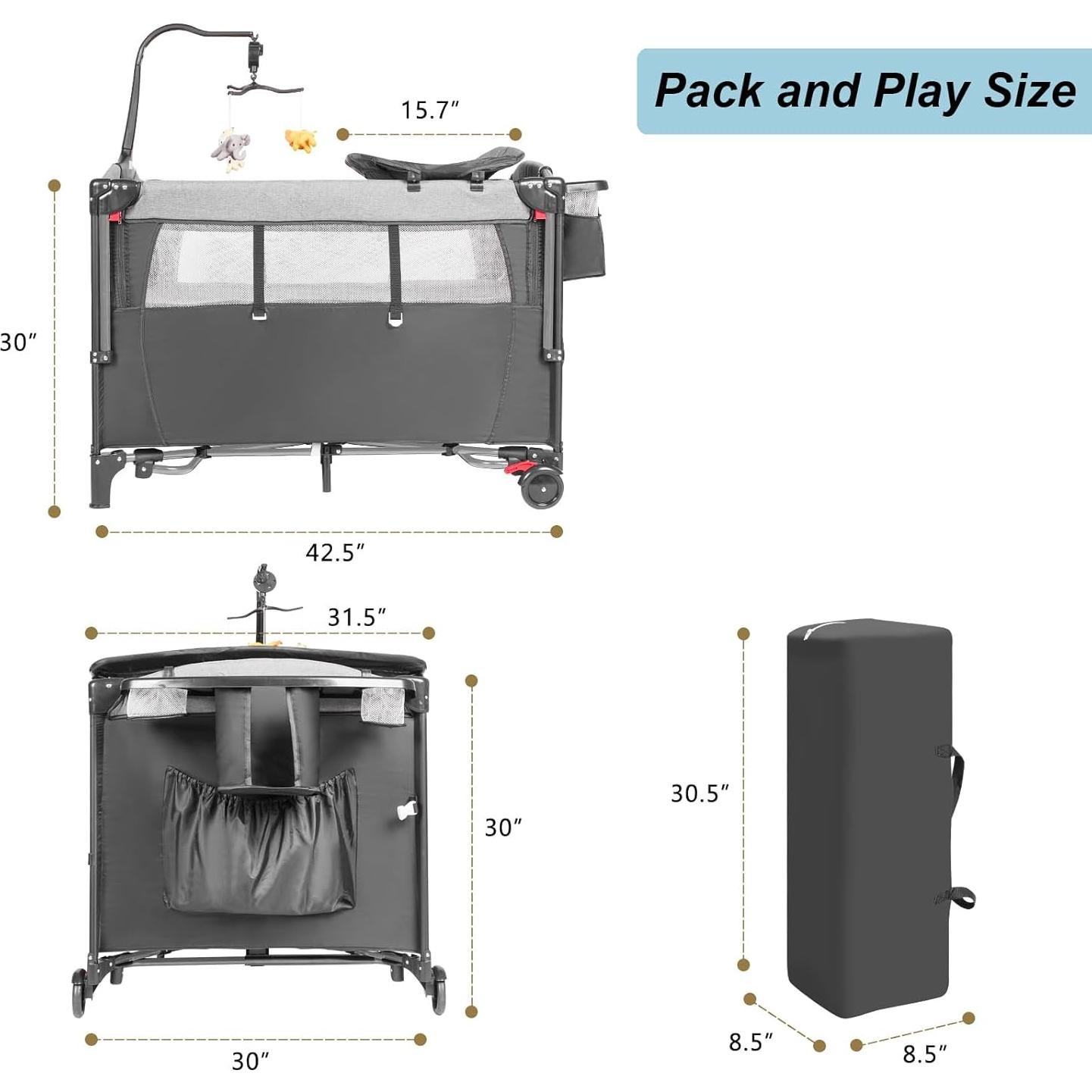Cuna 5 en 1 Afgbf para Bebé Portátil con Cambiador Gris