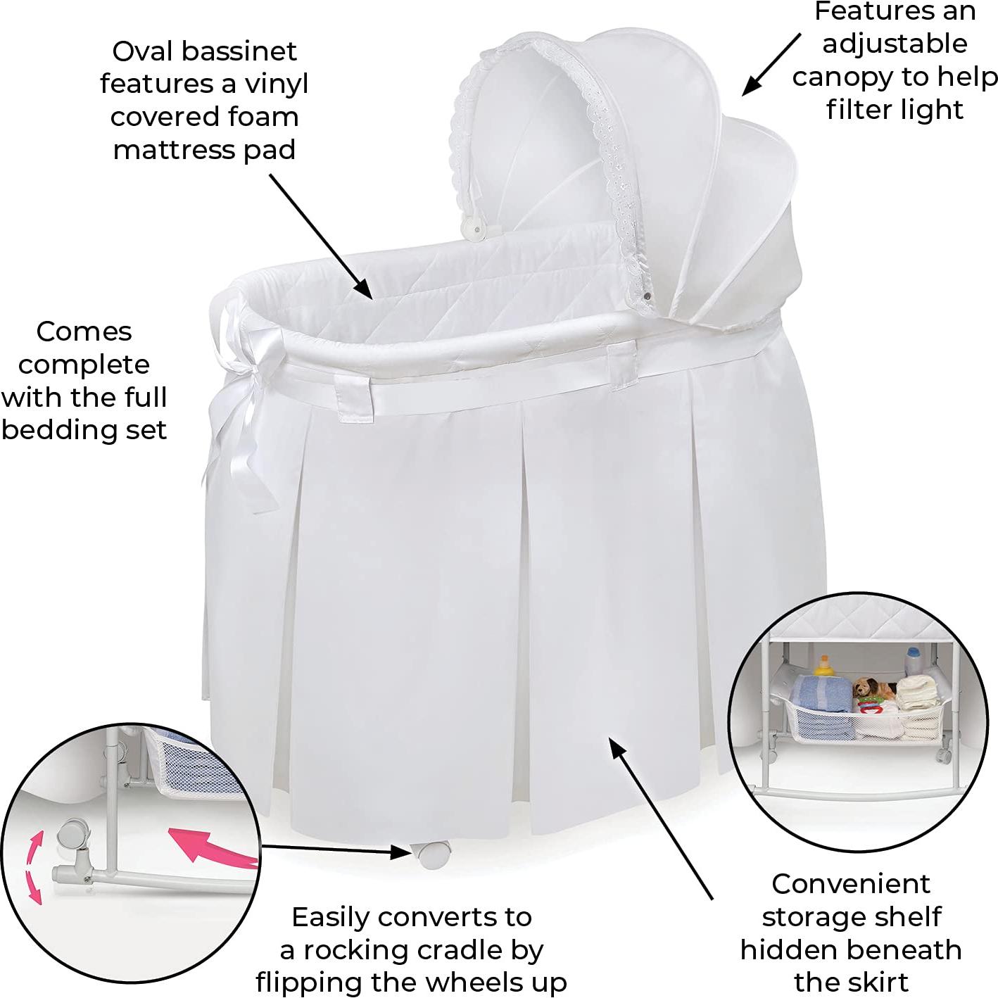 Cuna mecedora Badger Basket Wishes blanca con dosel y almohadilla