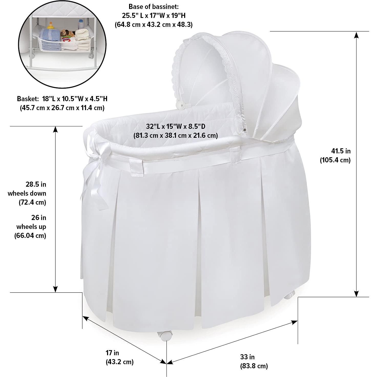 Cuna mecedora Badger Basket Wishes blanca con dosel y almohadilla