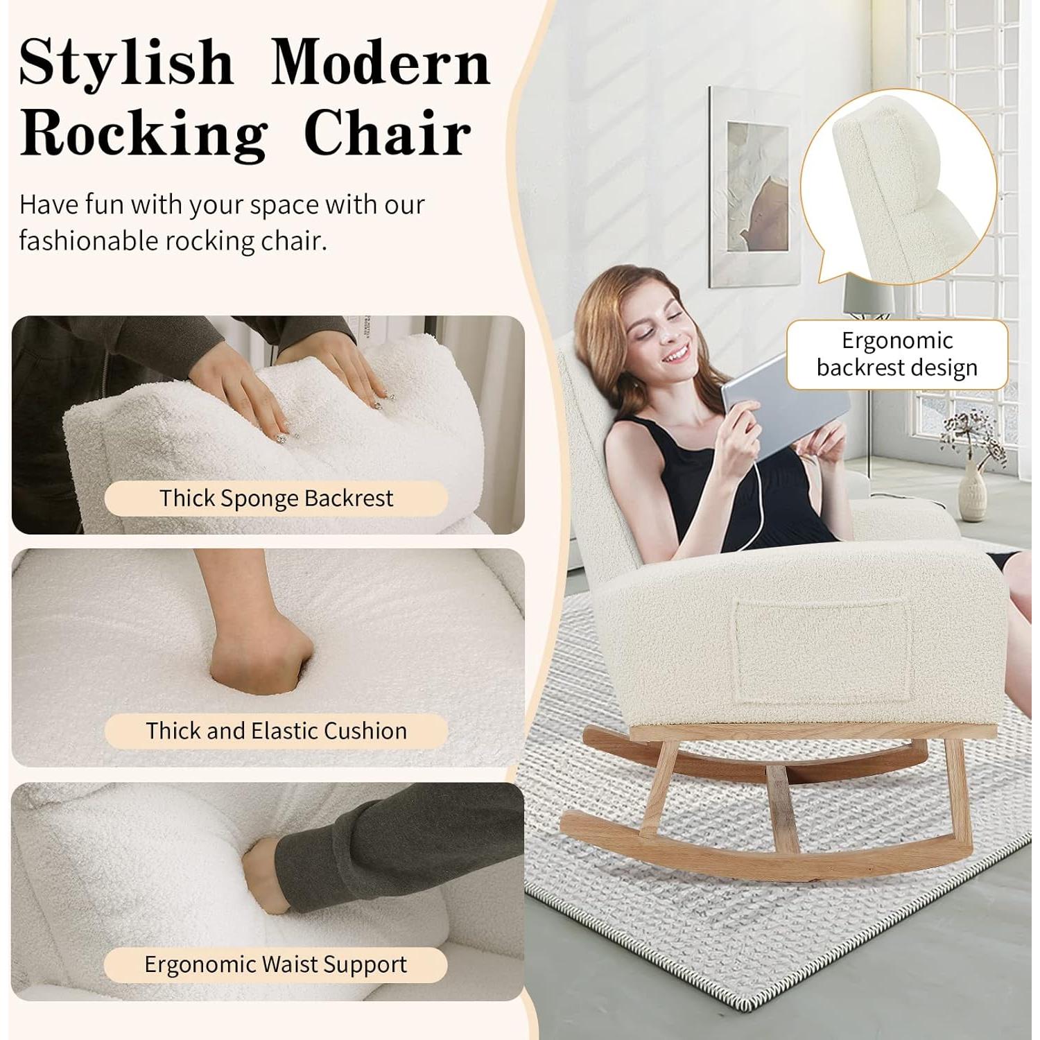 Silla Mecedora HCHAIRH Blanca Teddy para Nursery y Sala