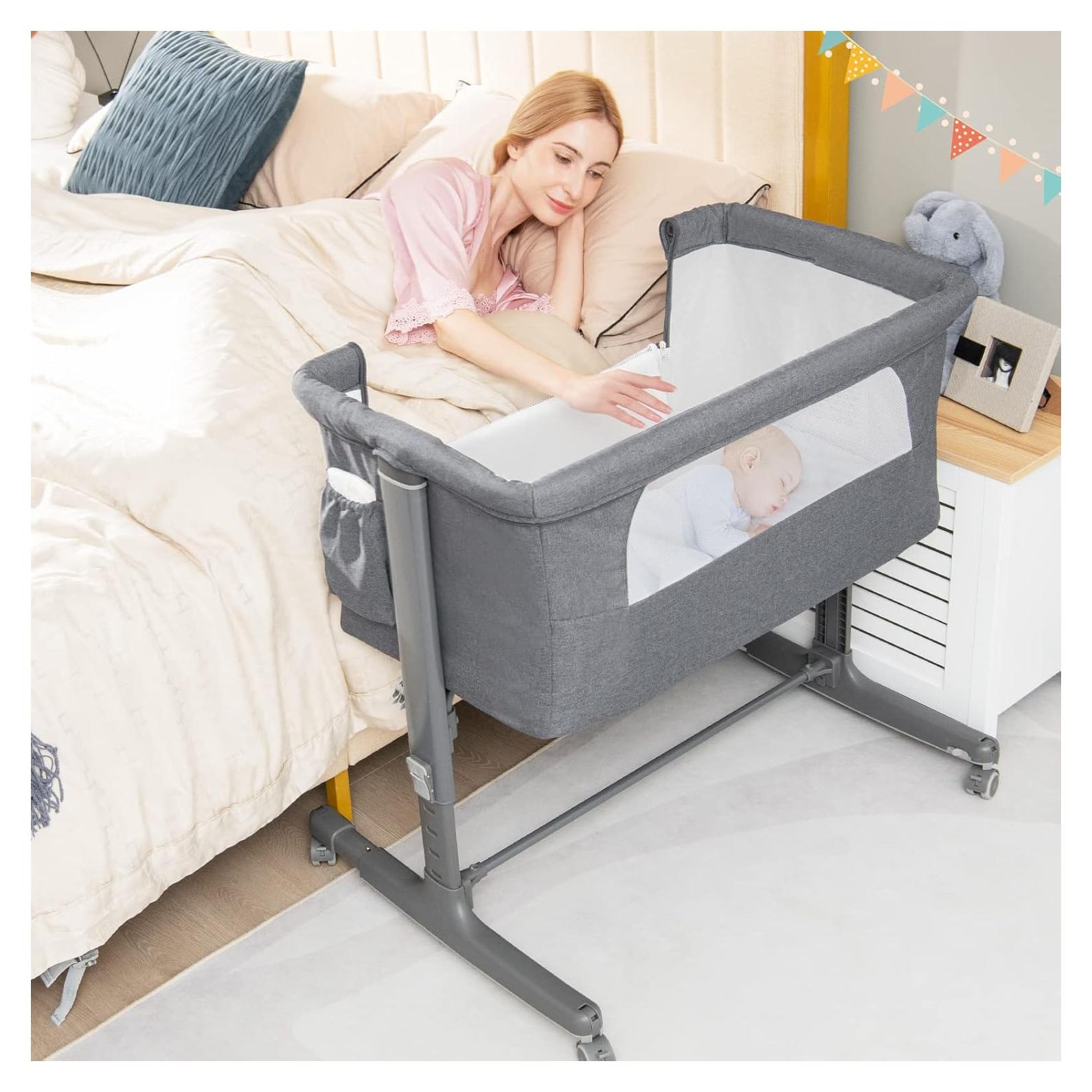 Cuna Lateral 3 en 1 BABY JOY Ajustable con Colchón y Ruedas