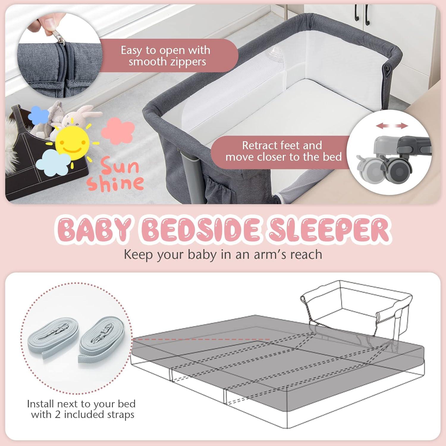 Cuna Lateral 3 en 1 BABY JOY Ajustable con Colchón y Ruedas