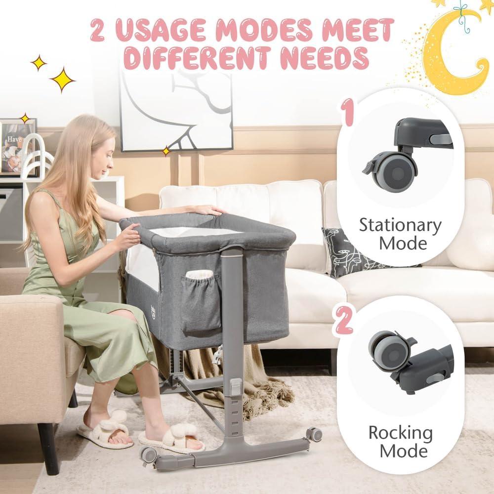 Cuna Lateral 3 en 1 BABY JOY Ajustable con Colchón y Ruedas