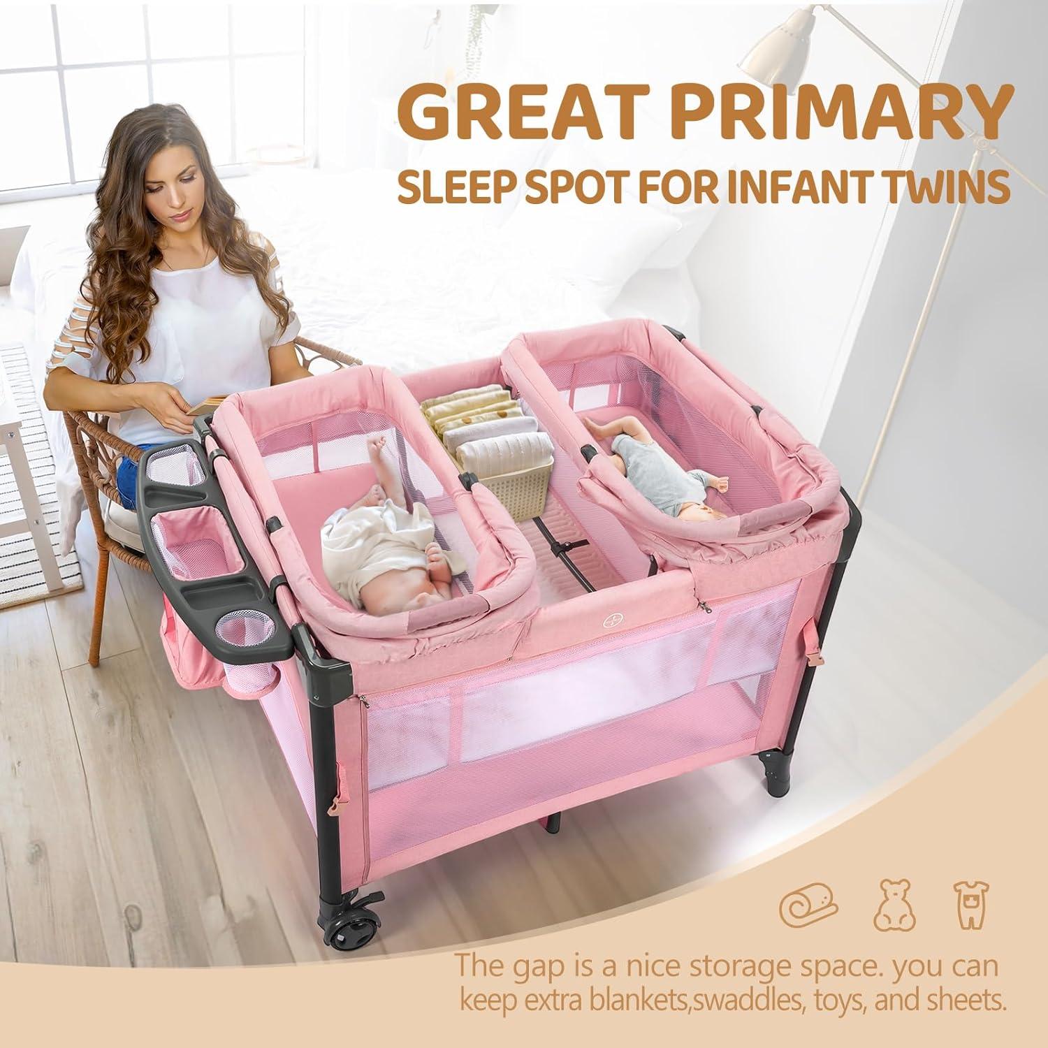 Cuna Gemelar JOYMOR Rosa Convertible con Almacenamiento