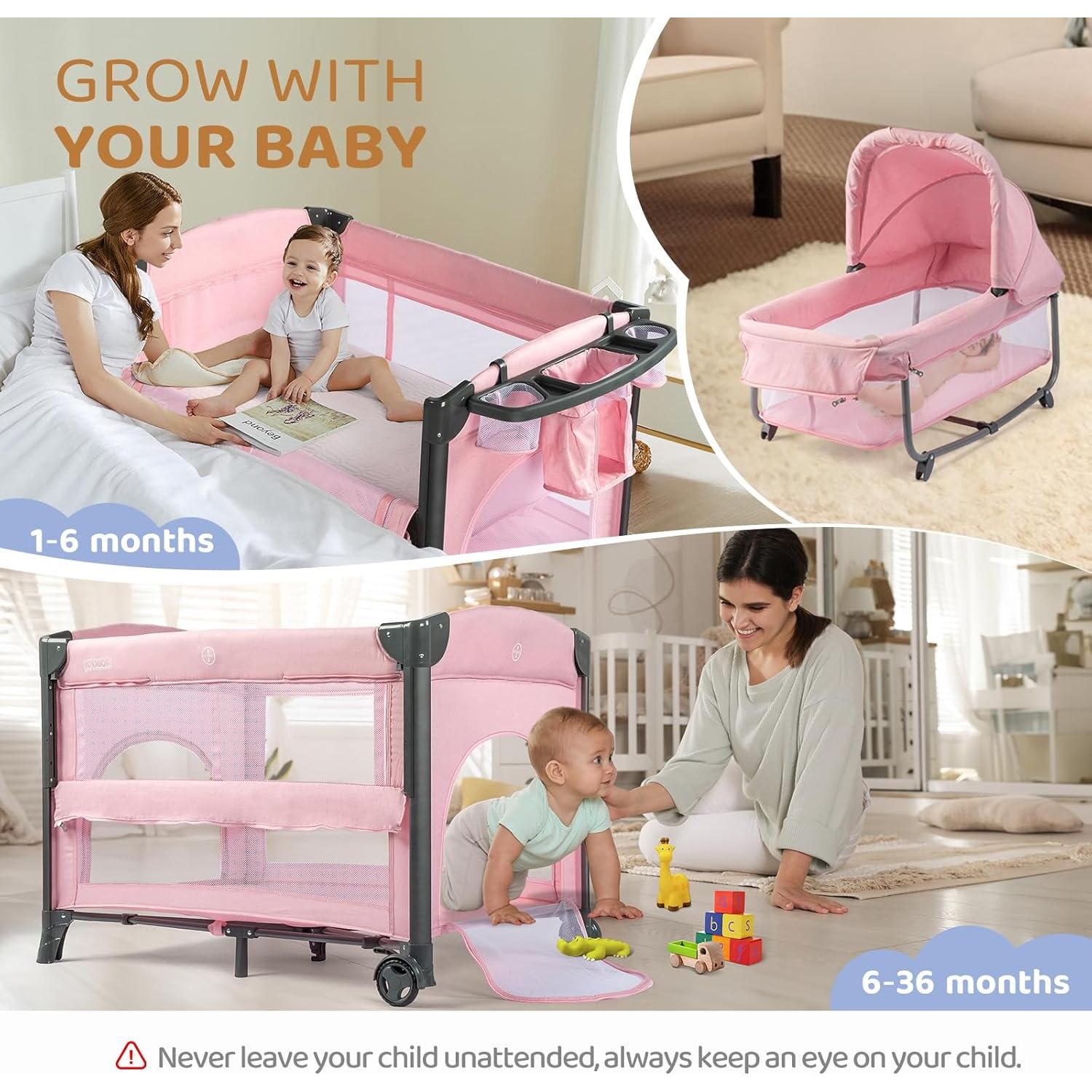 Cuna Gemelar JOYMOR Rosa Convertible con Almacenamiento