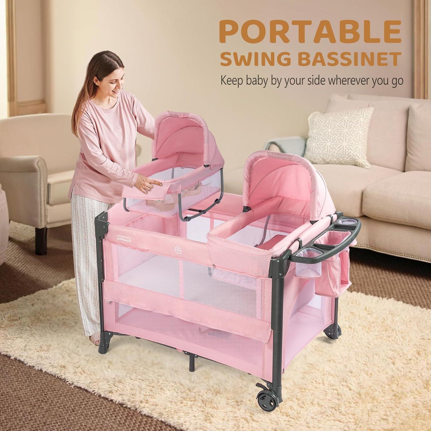 Cuna Gemelar JOYMOR Rosa Convertible con Almacenamiento