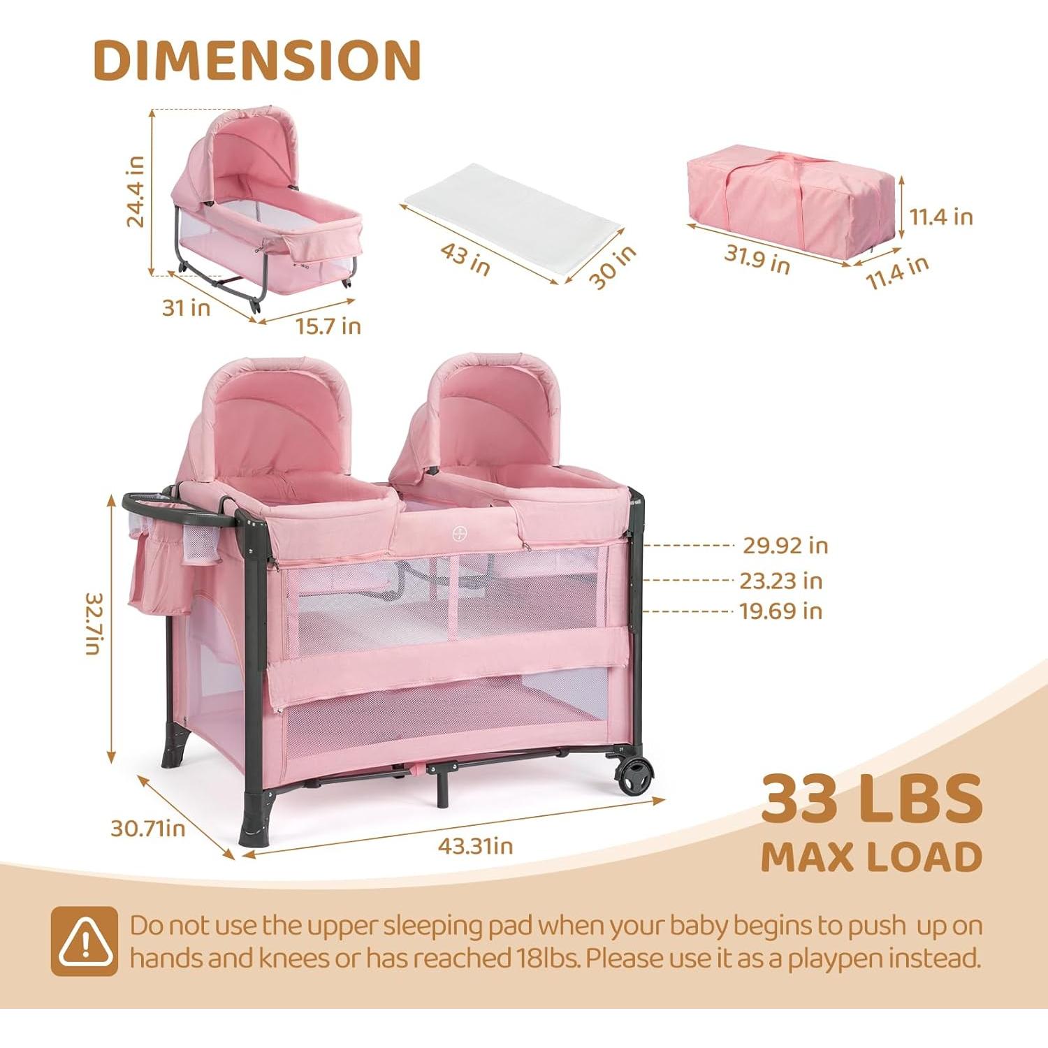 Cuna Gemelar JOYMOR Rosa Convertible con Almacenamiento
