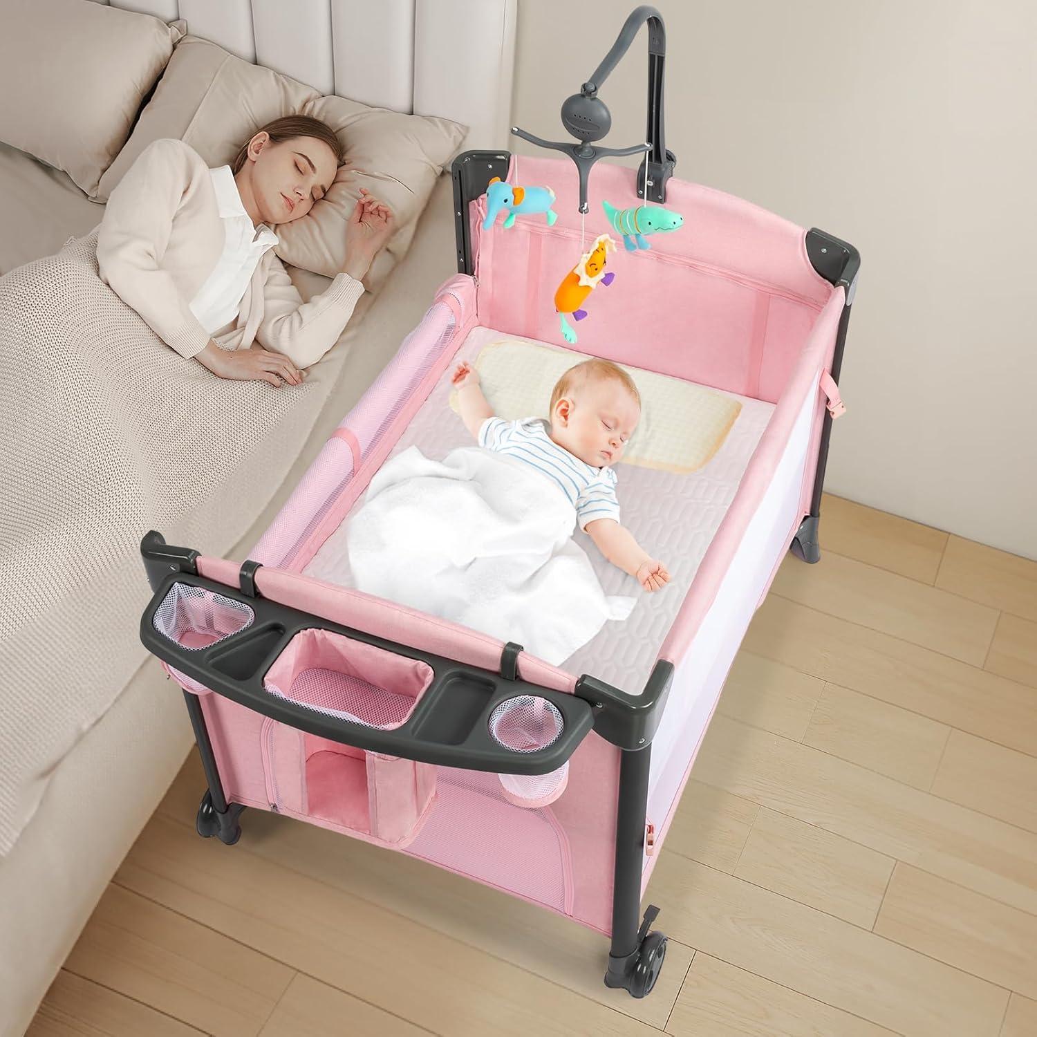 Cuna Gemelar JOYMOR Rosa Convertible con Almacenamiento