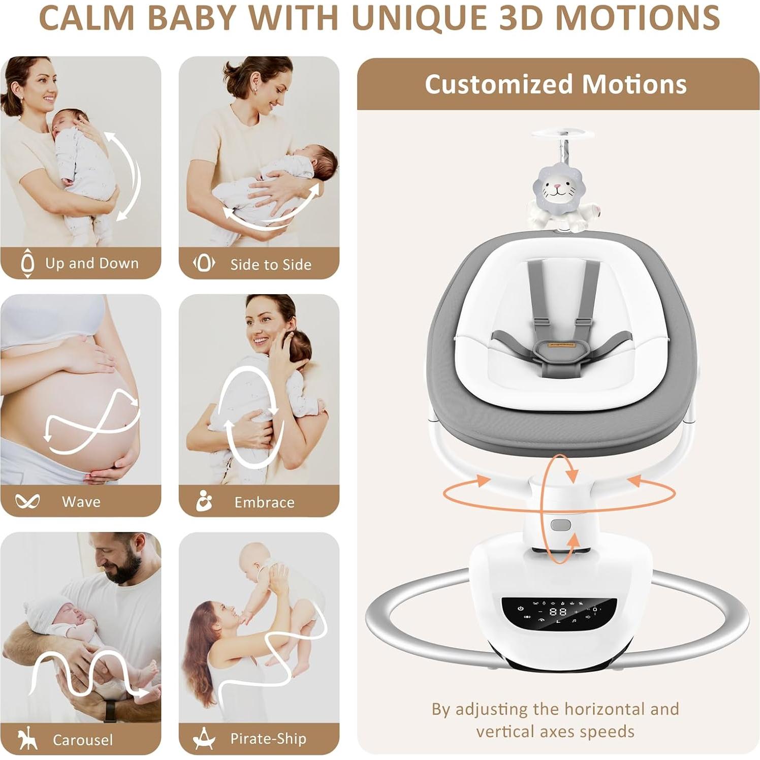 Columpio Eléctrico para Bebés Angelbliss 3D Gris, 6 Movimientos