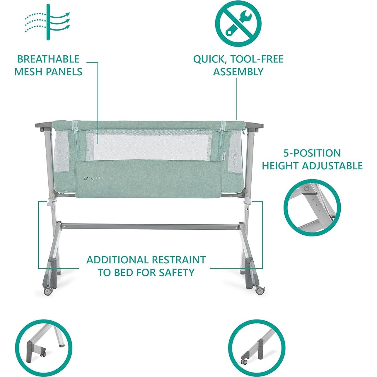 Cuna y Dormilón Dream On Me Skylar Menta, Altura Ajustable