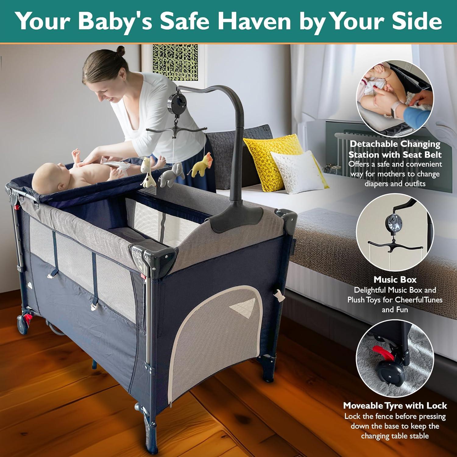 Cuna 5 en 1 Portátil Kite Baby - Cambiador, Parque Infantil