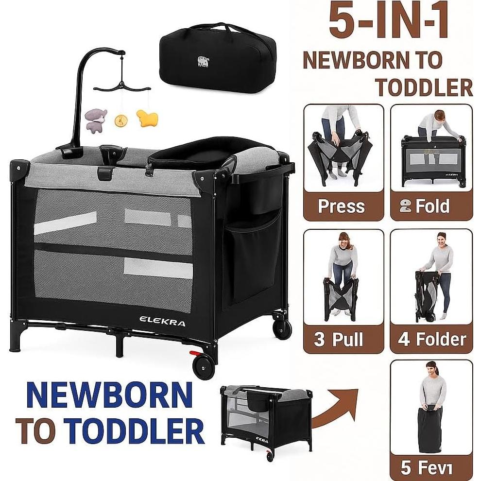 Cuna 5 en 1 Portátil Kite Baby - Cambiador, Parque Infantil