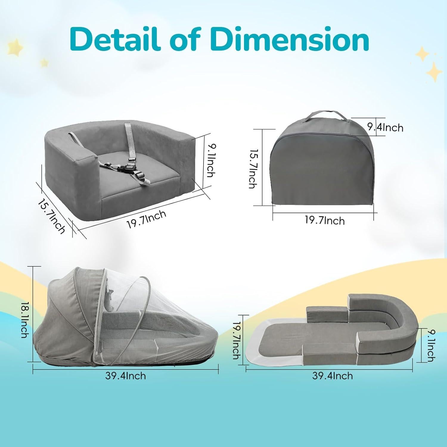 Cama y Sofá de Viaje Portátil Cutebeams Tamaño S Gris