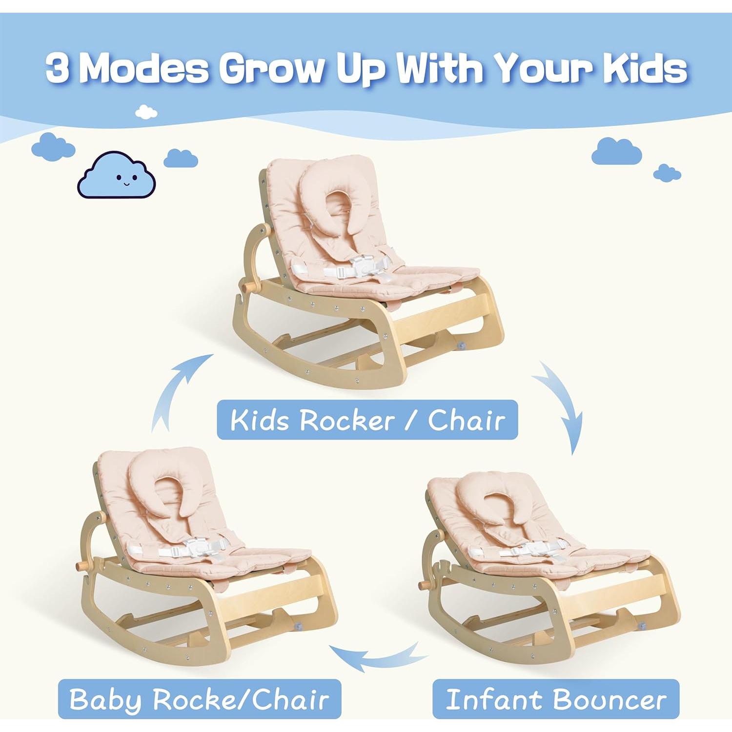 Silla Mecedora para Bebés 3 en 1 de Madera Beige - Arnés 5 Puntos