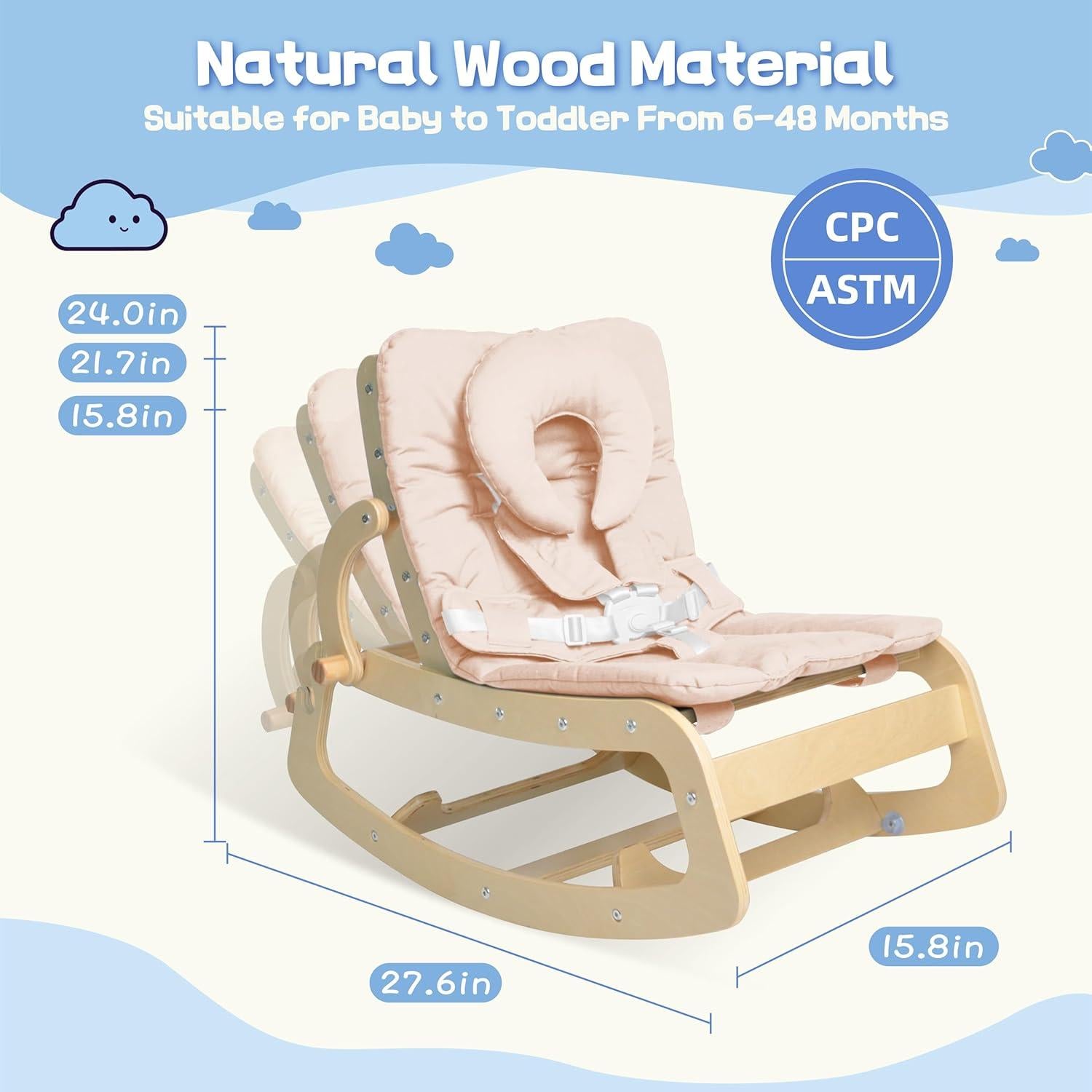 Silla Mecedora para Bebés 3 en 1 de Madera Beige - Arnés 5 Puntos