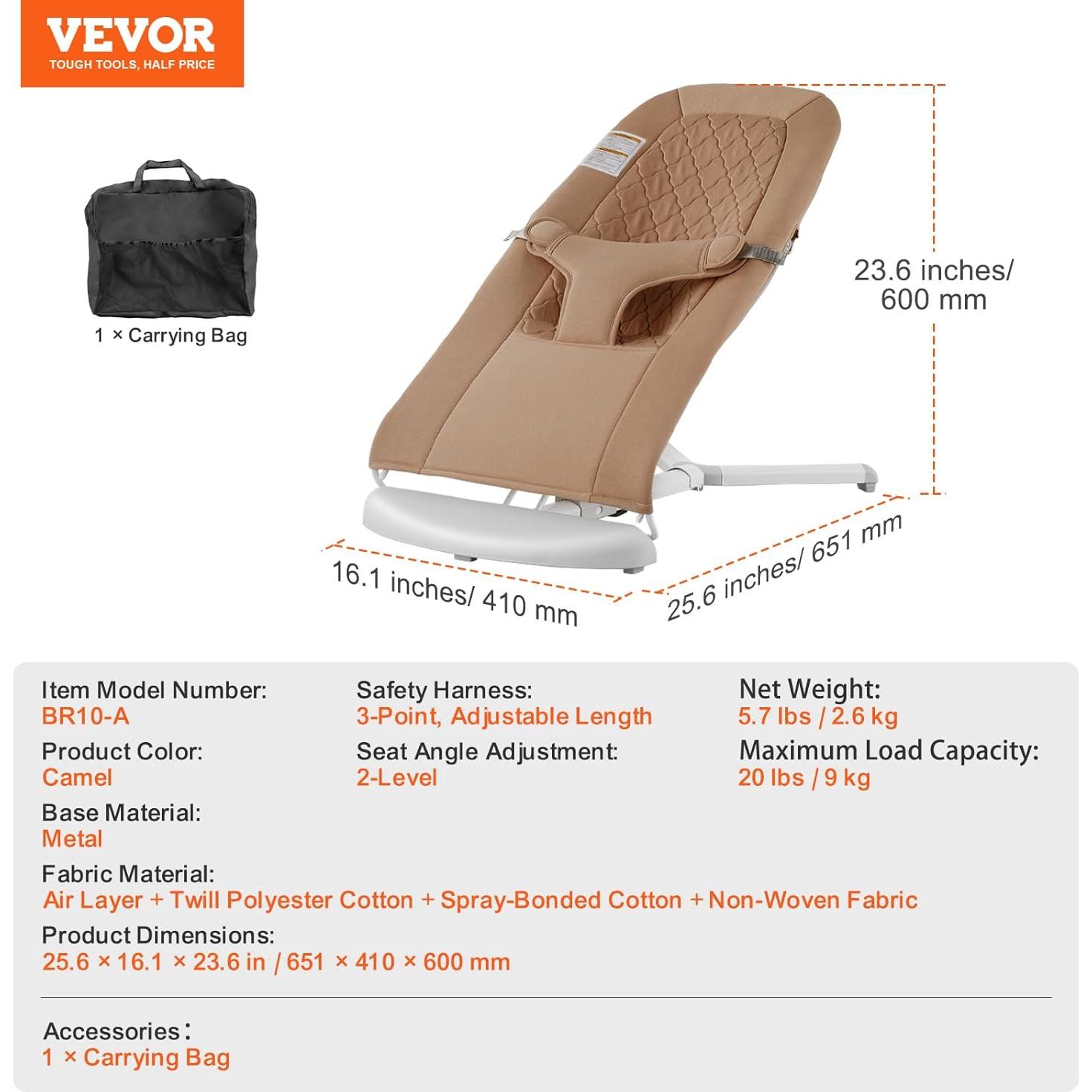 Columpio Plegable para Bebés VEVOR con Arnés 3 Puntos Camel