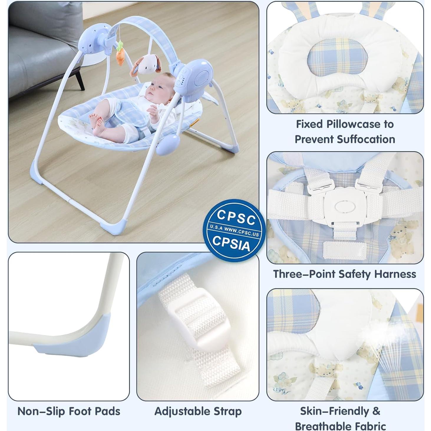 Hamaca Portátil para Bebés SG2401 Azul, 5 Velocidades, Música