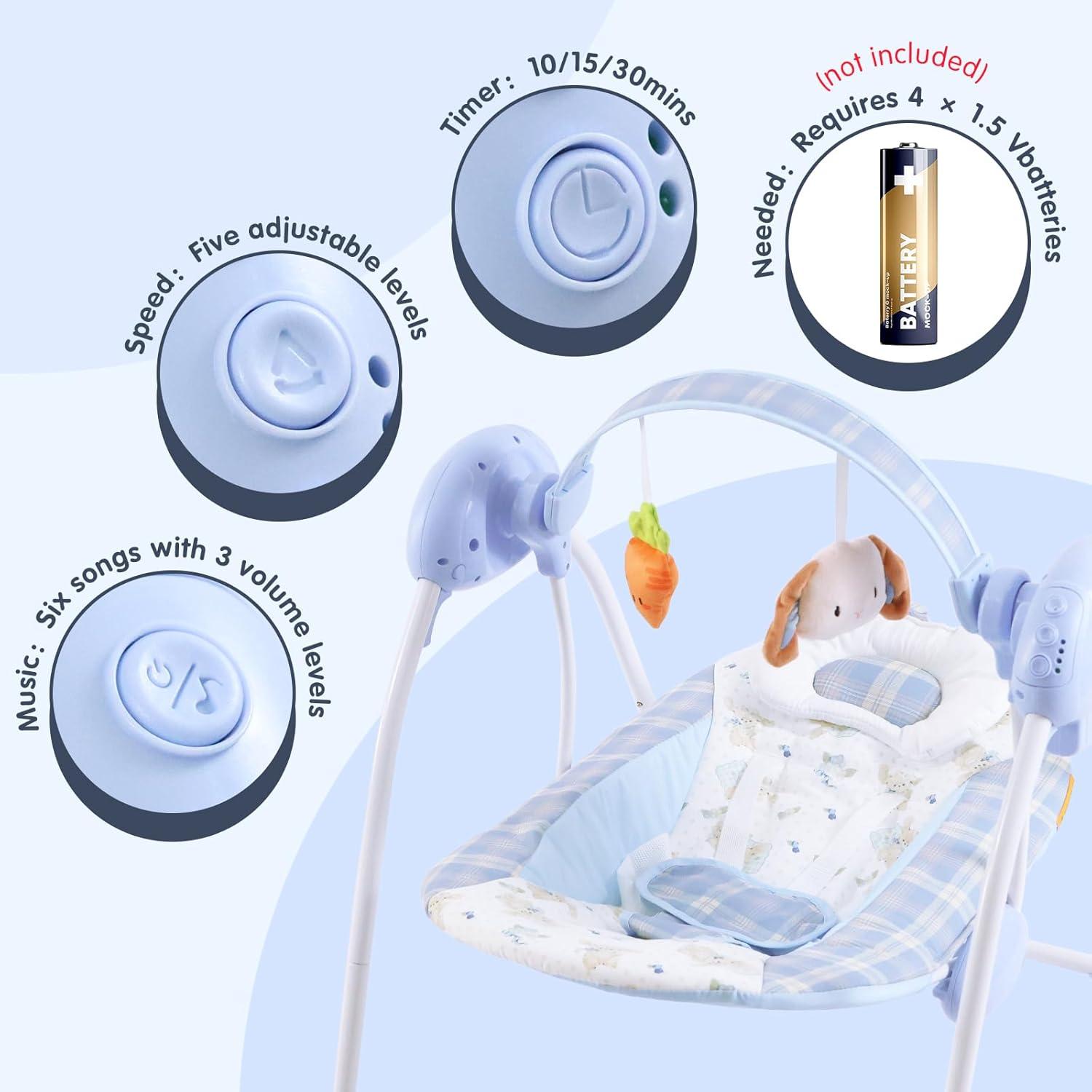 Hamaca Portátil para Bebés SG2401 Azul, 5 Velocidades, Música