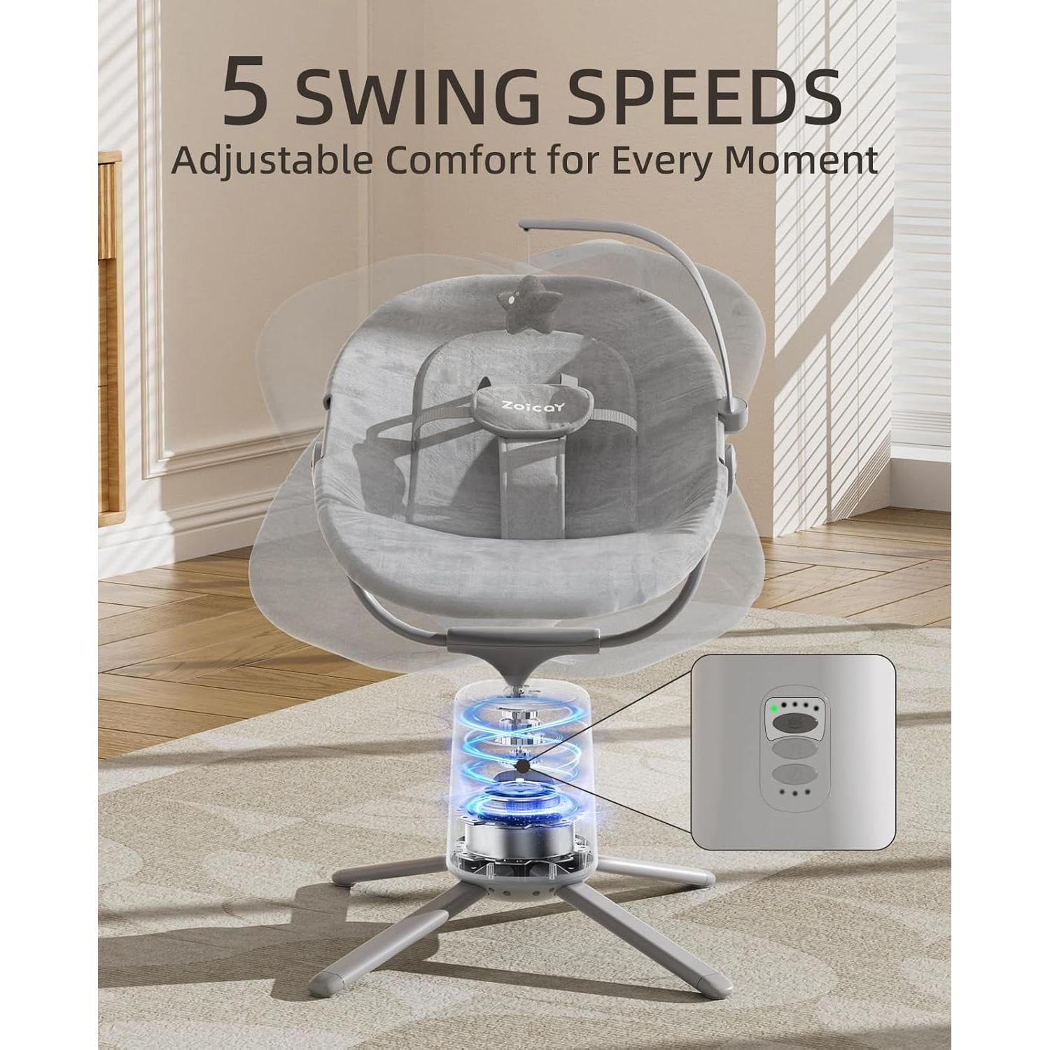 Columpio Eléctrico para Bebés Zoicay Gris con 3 Modos y 5 Velocidades