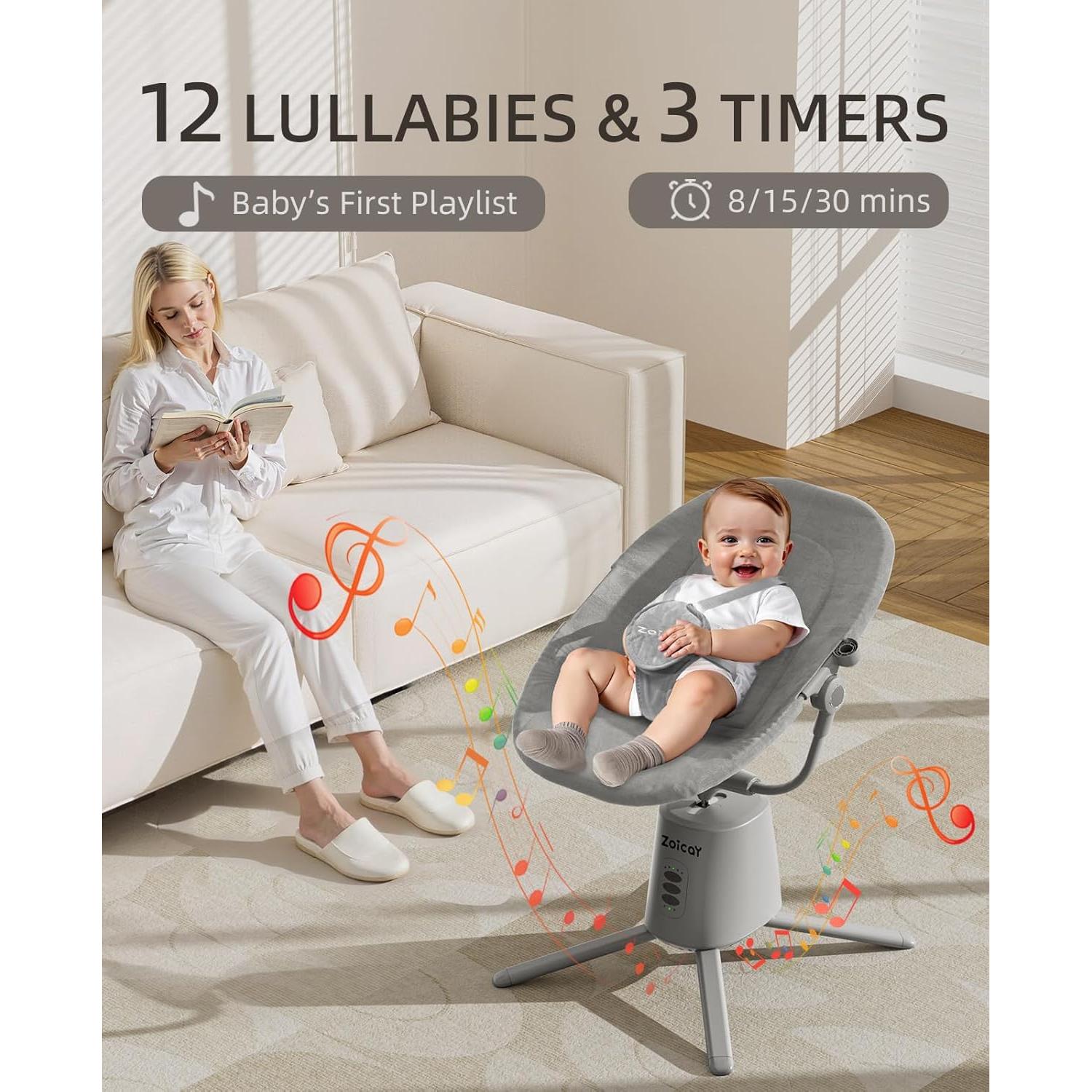 Columpio Eléctrico para Bebés Zoicay Gris con 3 Modos y 5 Velocidades