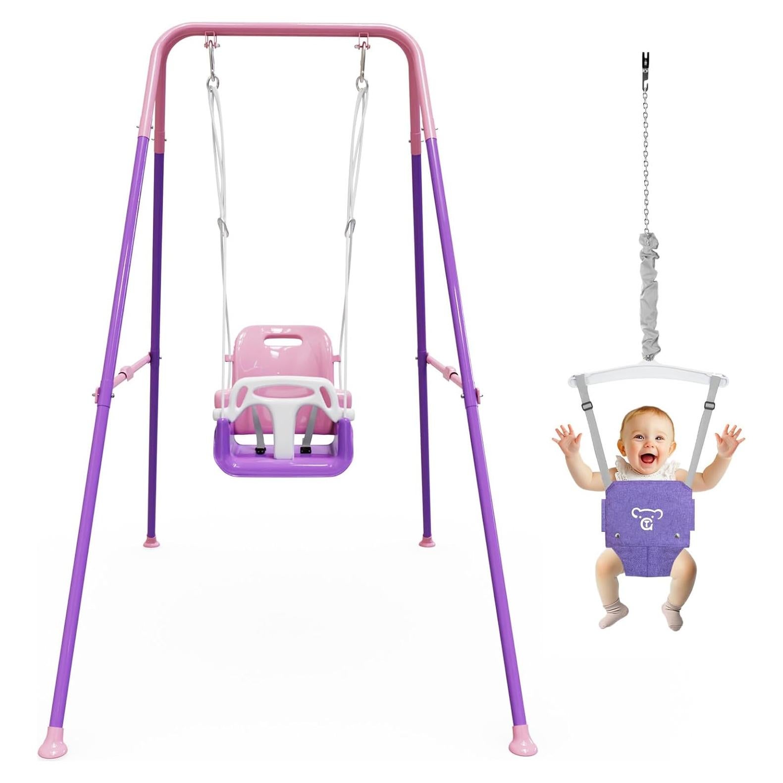 Columpio y Saltador 2 en 1 JWPEHOE Rosa Plegable con Cojín