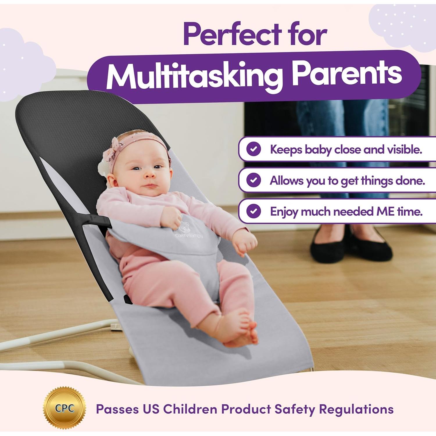 ComfyBumpy Ergonomic Baby Bouncer Seat - Bonus Travel Carry Case - Safe, Portable Bouncing Chair with Adjustable Height Positions - Infant Bouncy Seat Perfect for Newborn Babies (Grey)