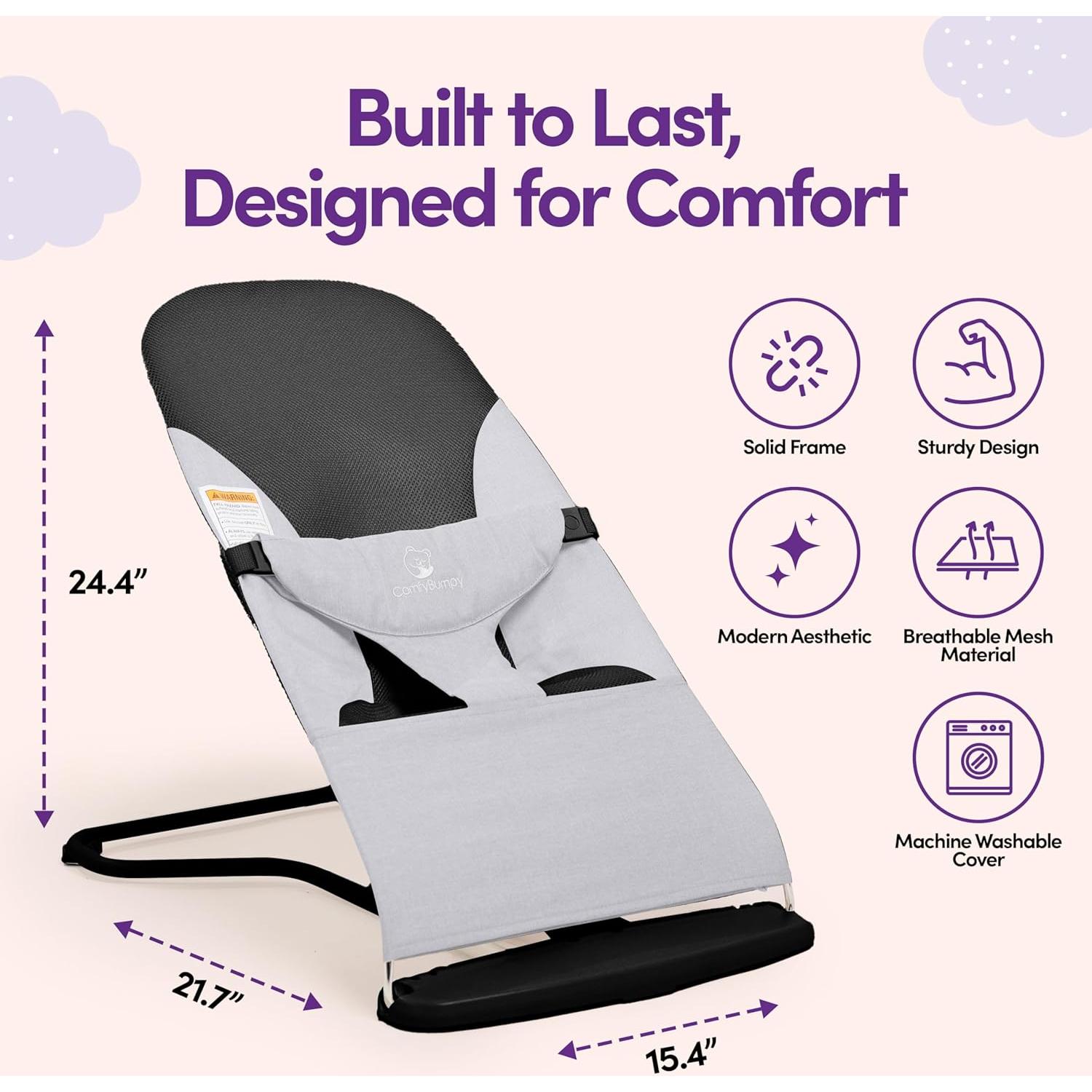ComfyBumpy Ergonomic Baby Bouncer Seat - Bonus Travel Carry Case - Safe, Portable Bouncing Chair with Adjustable Height Positions - Infant Bouncy Seat Perfect for Newborn Babies (Grey)