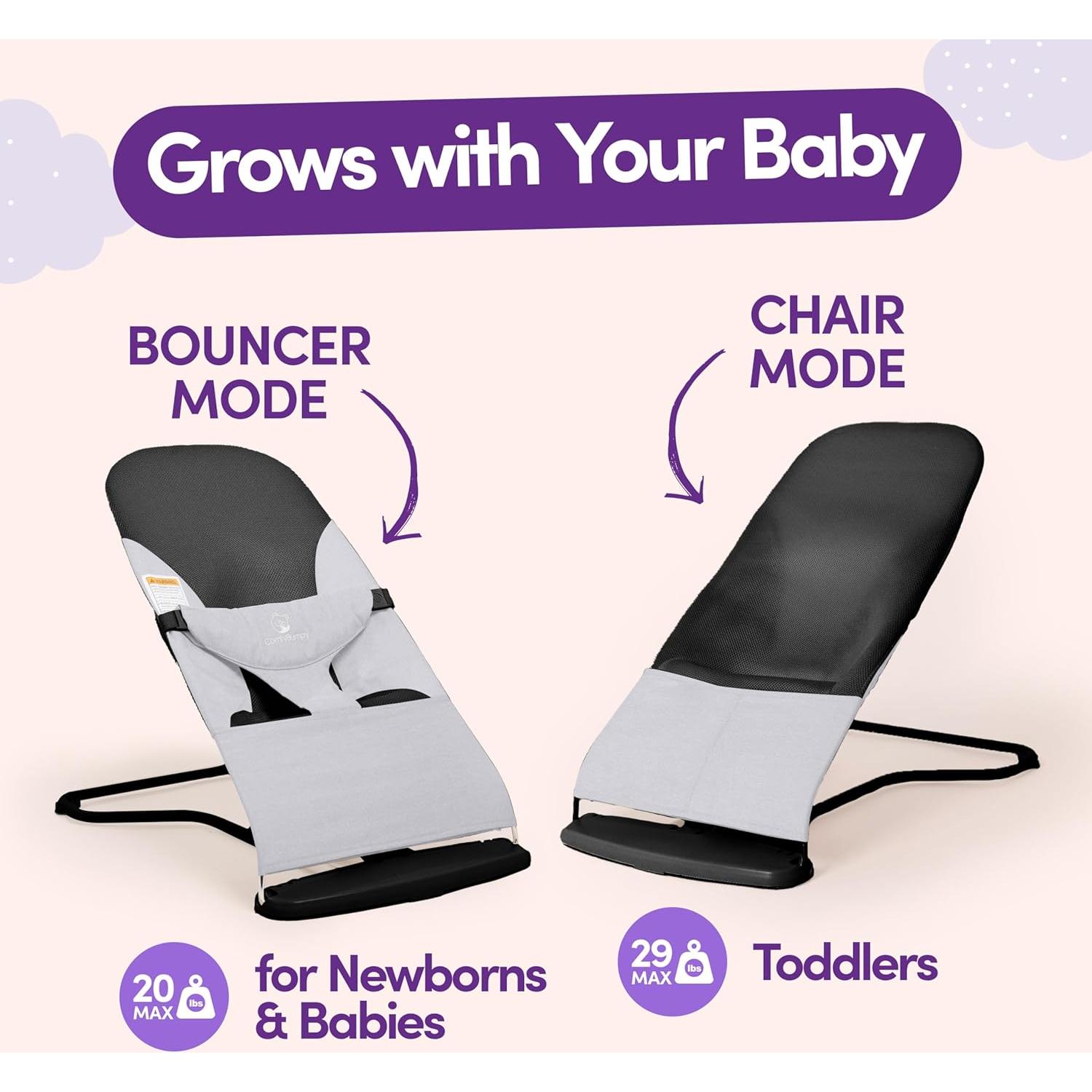 ComfyBumpy Ergonomic Baby Bouncer Seat - Bonus Travel Carry Case - Safe, Portable Bouncing Chair with Adjustable Height Positions - Infant Bouncy Seat Perfect for Newborn Babies (Grey)