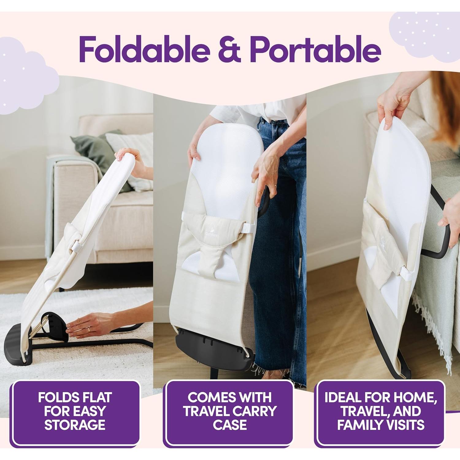 ComfyBumpy Ergonomic Baby Bouncer Seat - Bonus Travel Carry Case - Safe, Portable Bouncing Chair with Adjustable Height Positions - Infant Bouncy Seat Perfect for Newborn Babies (Grey)