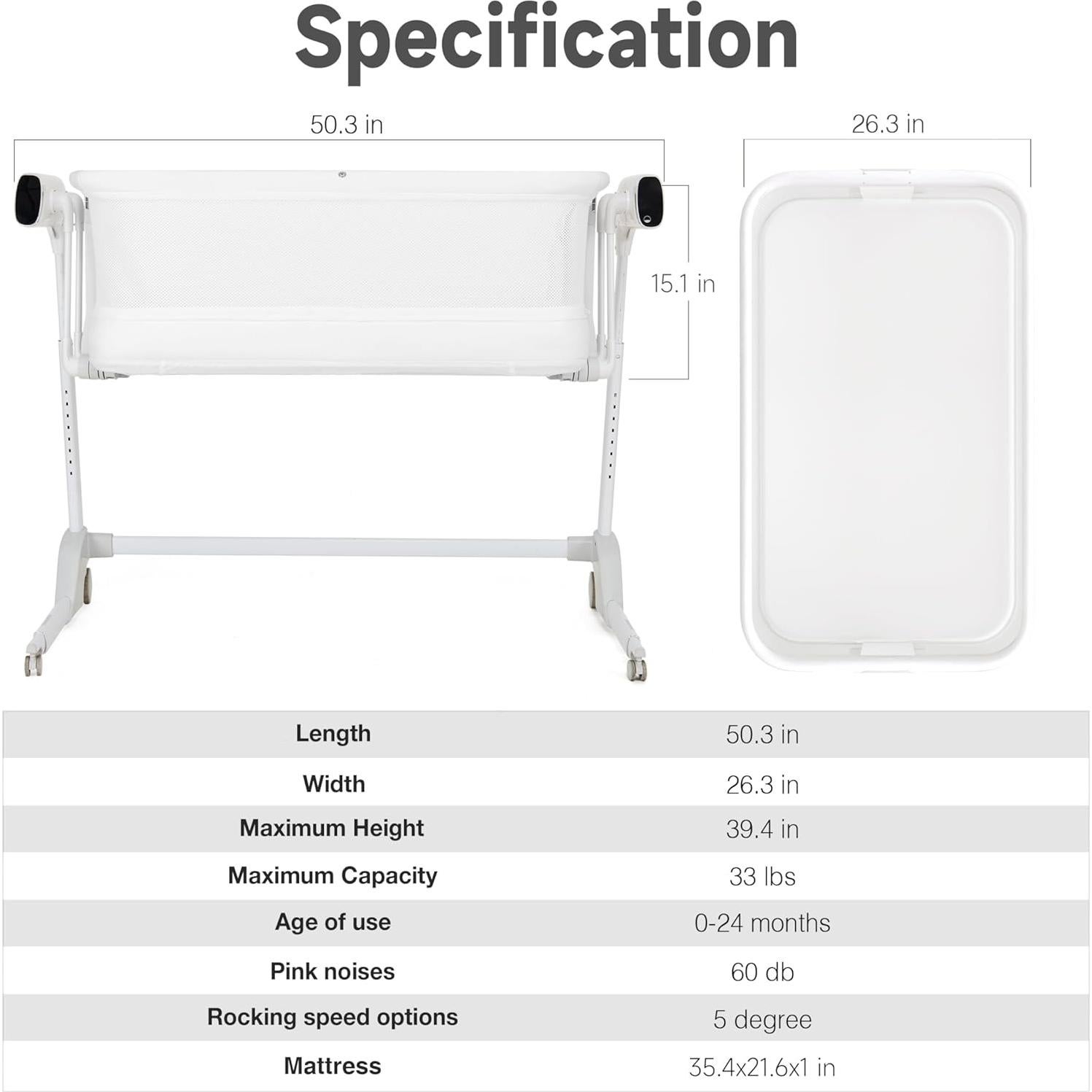 Cuna Inteligente Maydolly con Colchón y 7 Alturas Ajustables