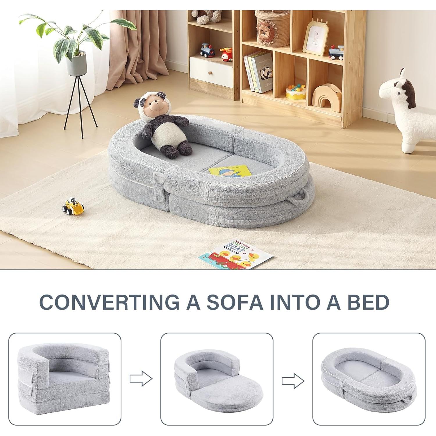 Cama Plegable 3-en-1 Welnow para Niños, Sofá Convertible Gris