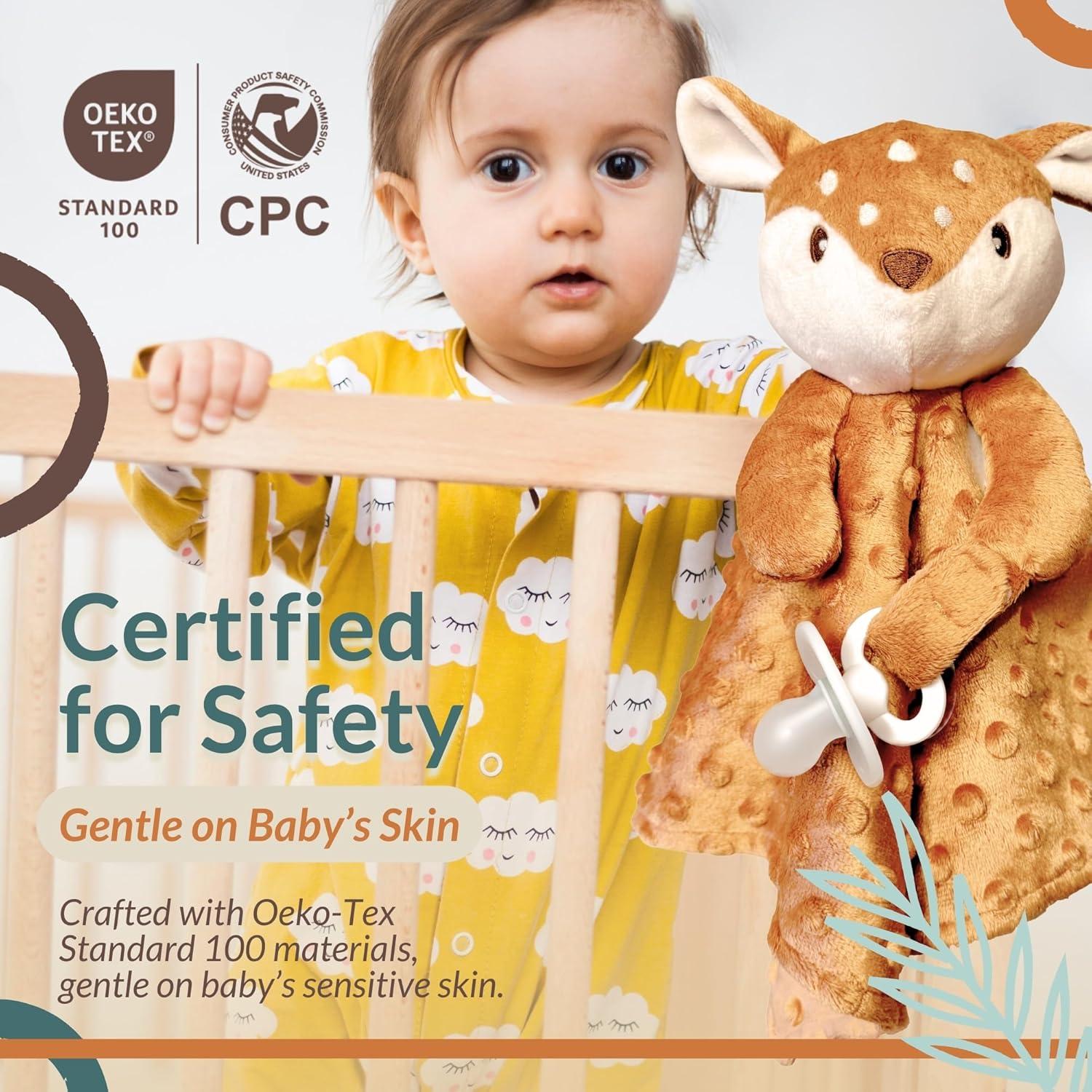 Manta de Seguridad Lovey Fawnest para Bebés - 30x30 cm con Sujetador de Chupete