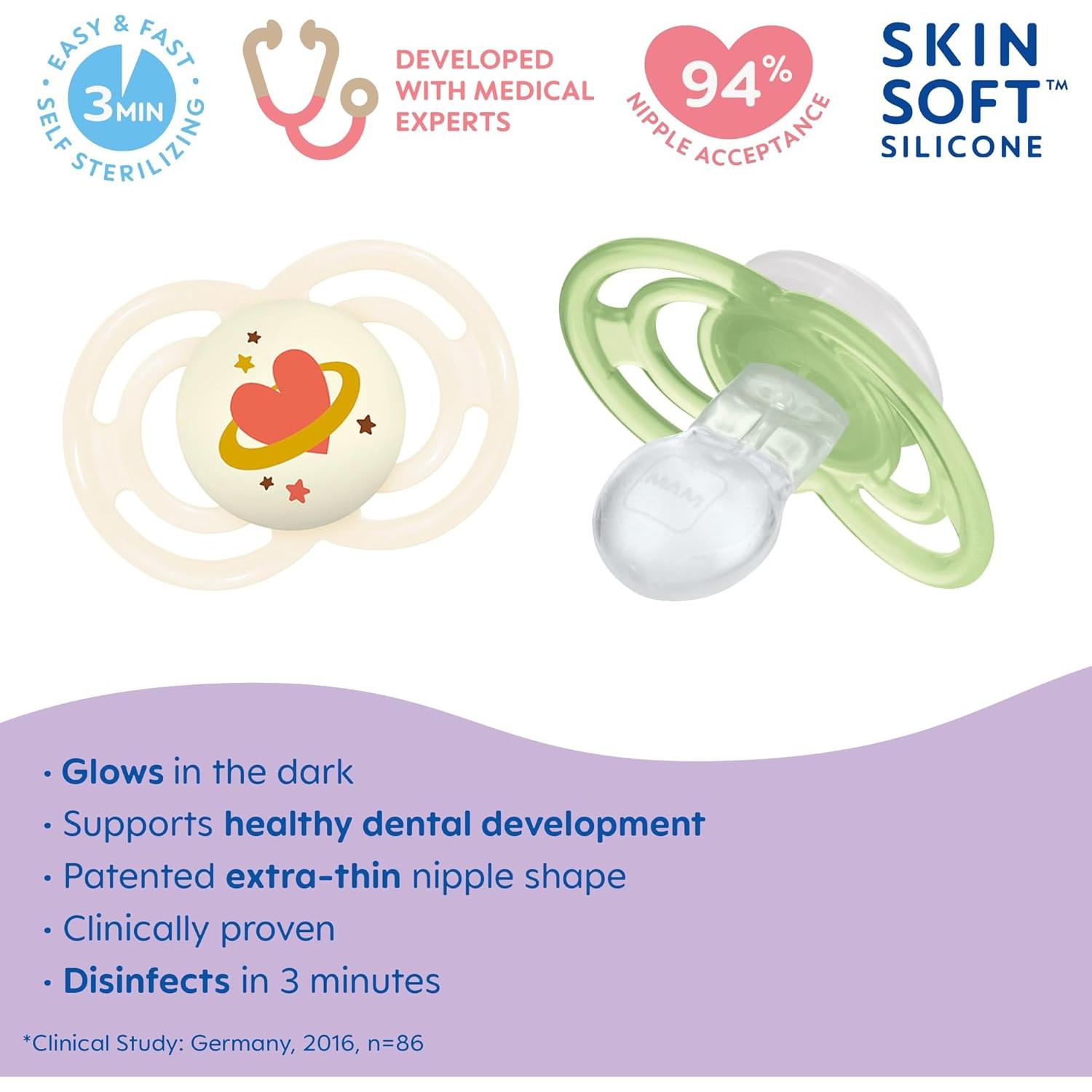 Chupete MAM Perfect Night Unisex 16+ Meses, Brilla en la Oscuridad, Paquete de 2