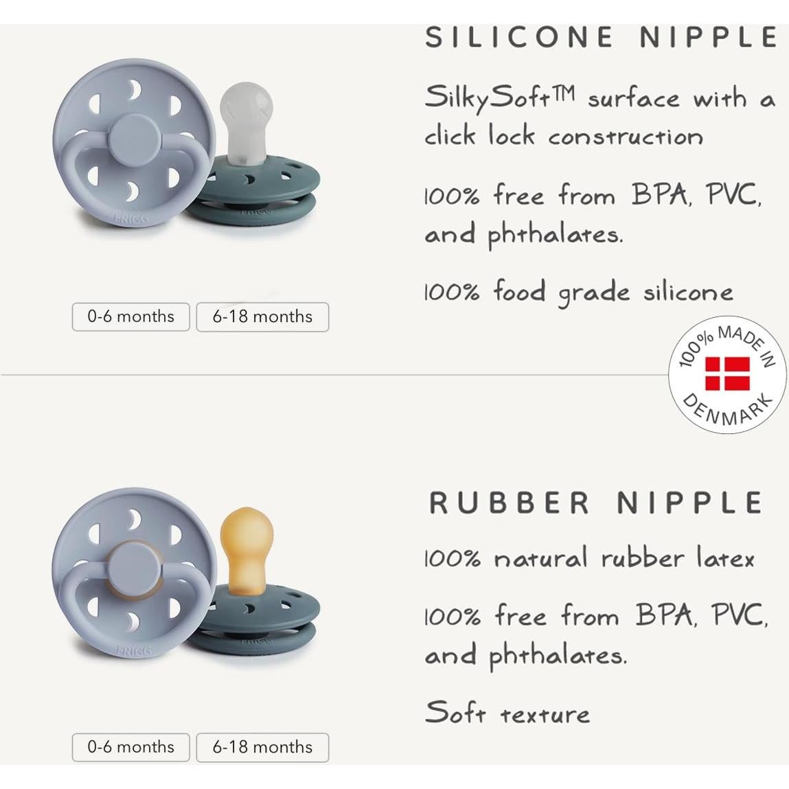 Chupete de Silicona FRIGG Moon SilkySoft 0-6 Meses Sage/Portobello