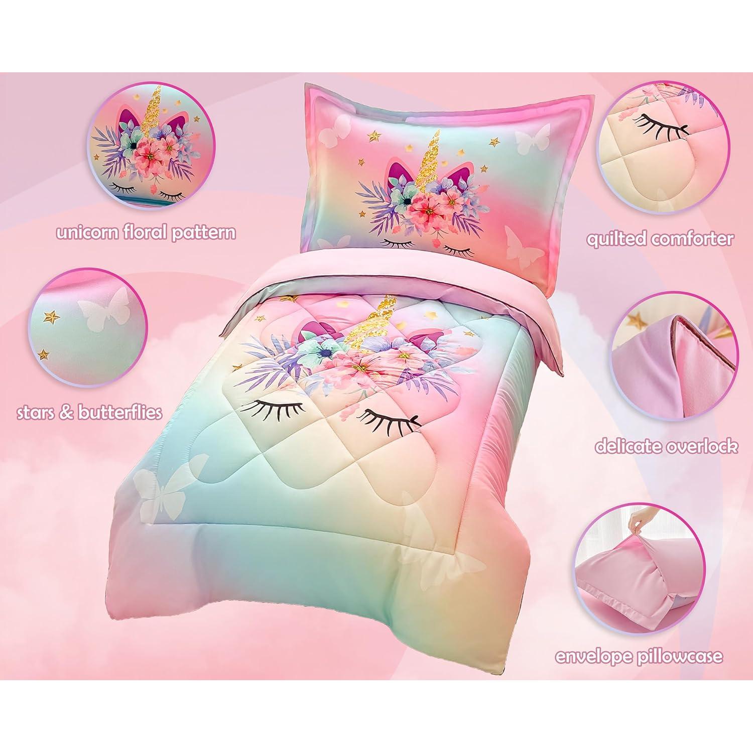 Juego de Ropa de Cama KINBEDY 4 Piezas Unicornio Arcoíris