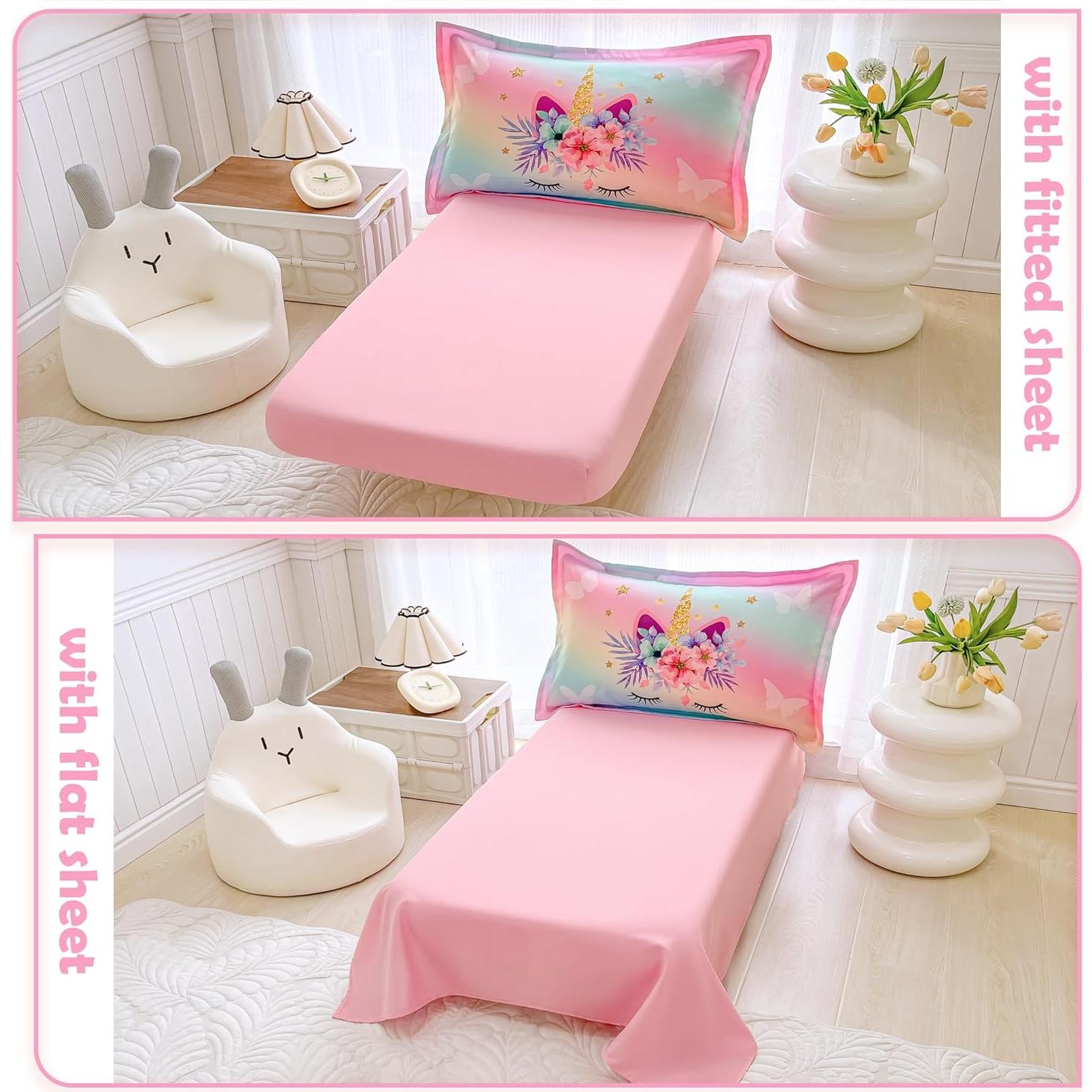 Juego de Ropa de Cama KINBEDY 4 Piezas Unicornio Arcoíris