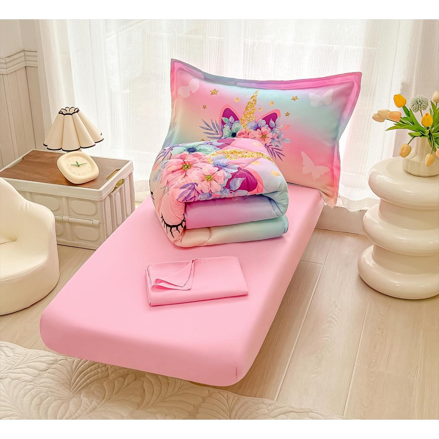 Juego de Ropa de Cama KINBEDY 4 Piezas Unicornio Arcoíris