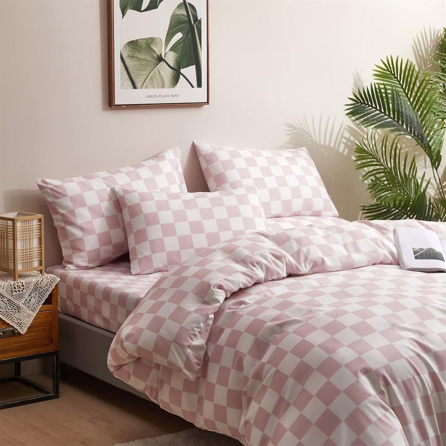 Conjunto de Edredón Cuadrado Rosa y Blanco Houseri Cal King