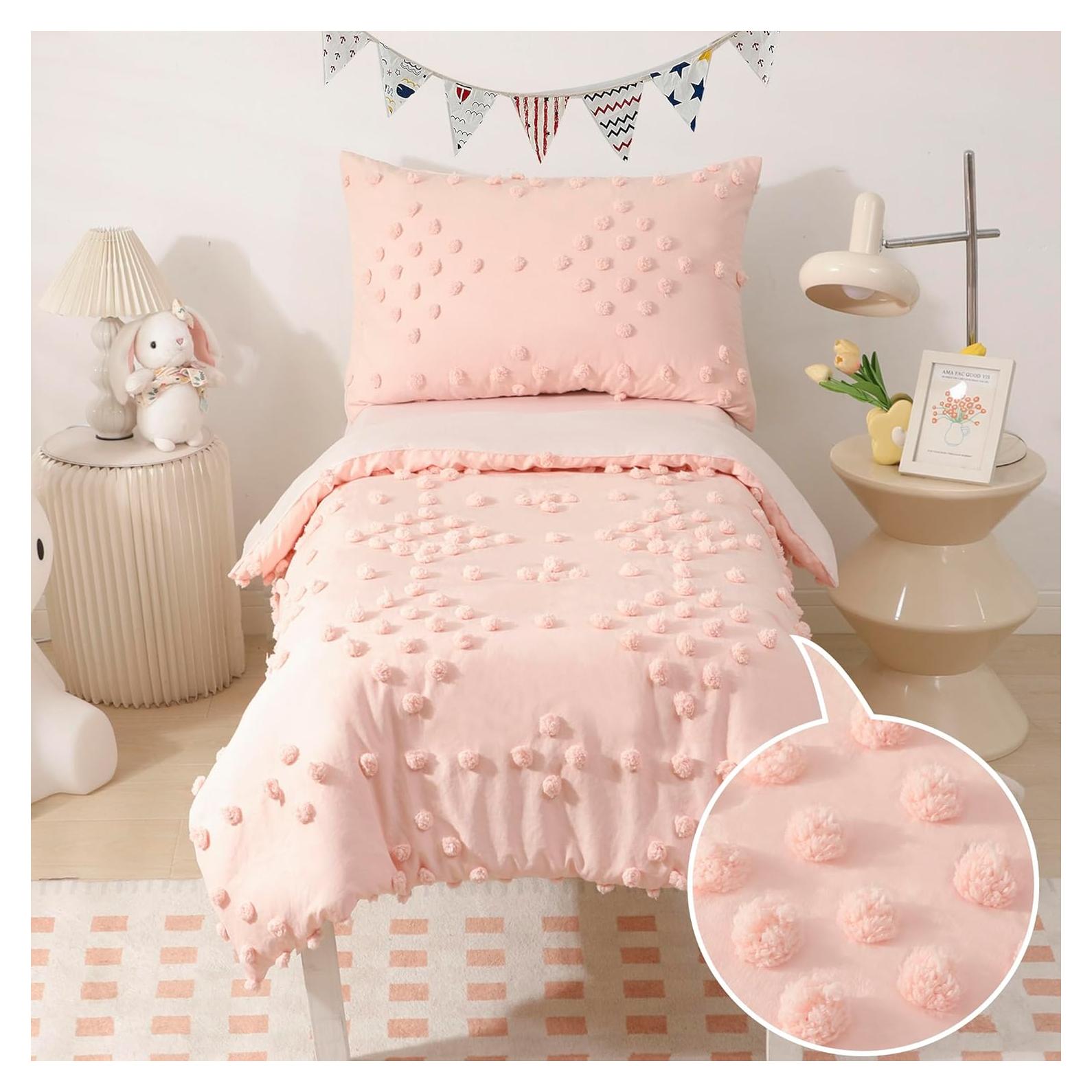 Juego de Cama Rosa Bohemio 4 Piezas VIVILINEN con Pompones