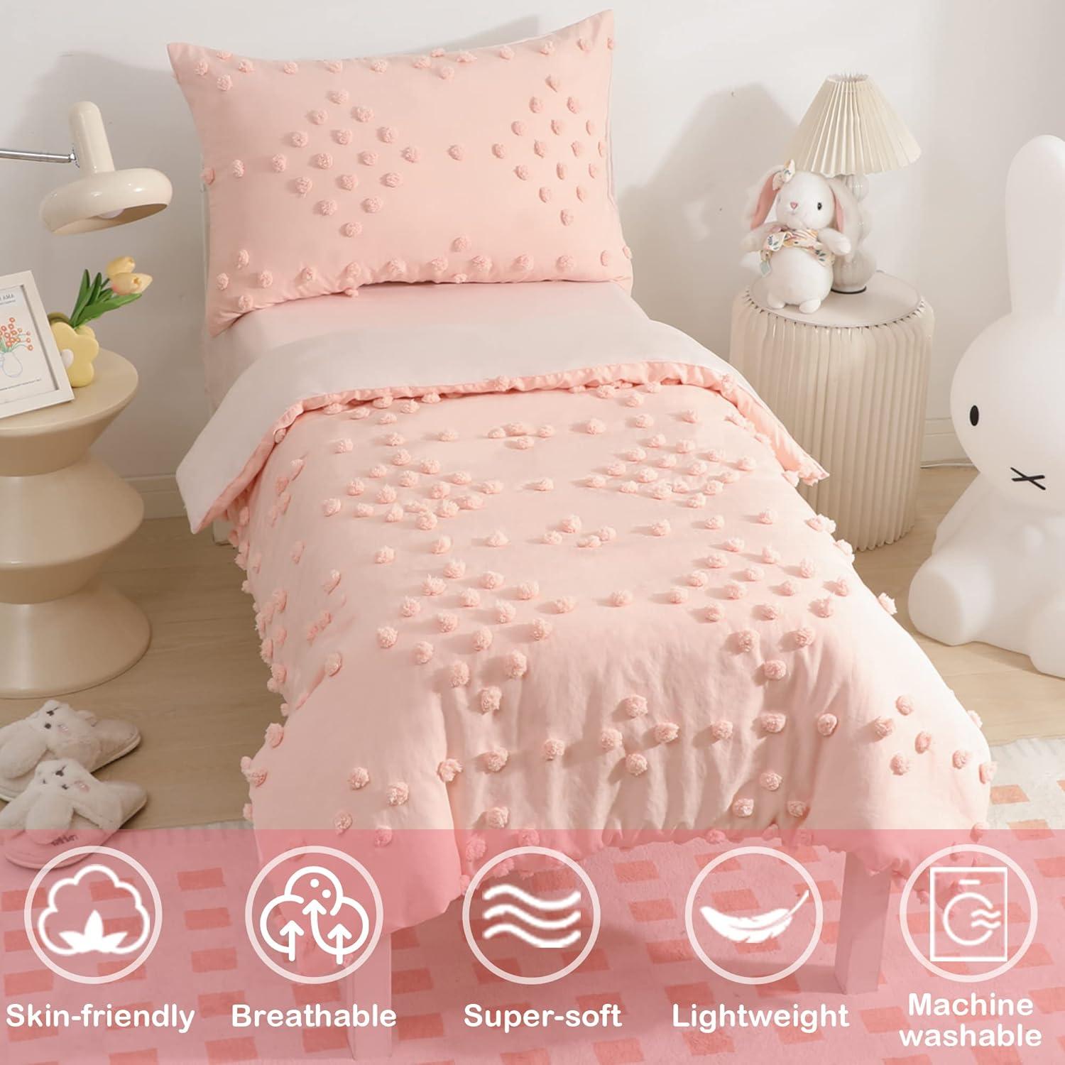 Juego de Cama Rosa Bohemio 4 Piezas VIVILINEN con Pompones