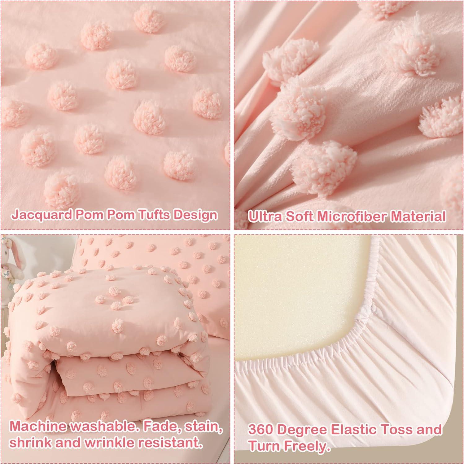 Juego de Cama Rosa Bohemio 4 Piezas VIVILINEN con Pompones