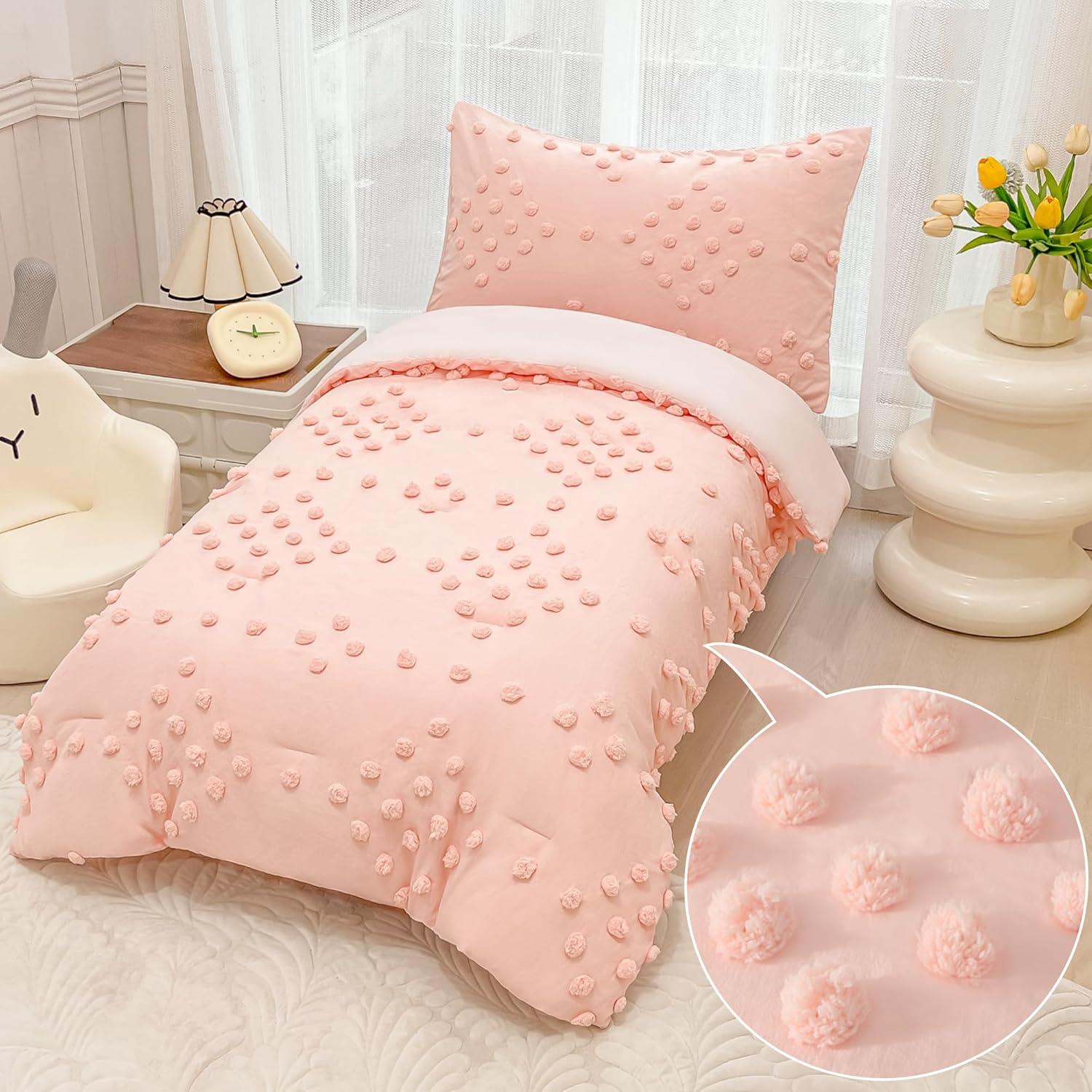 Juego de Cama Rosa Bohemio 4 Piezas VIVILINEN con Pompones
