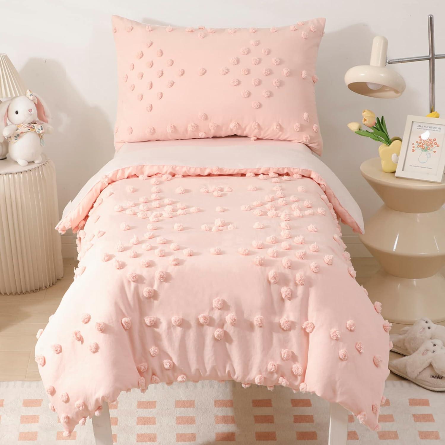 Juego de Cama Rosa Bohemio 4 Piezas VIVILINEN con Pompones