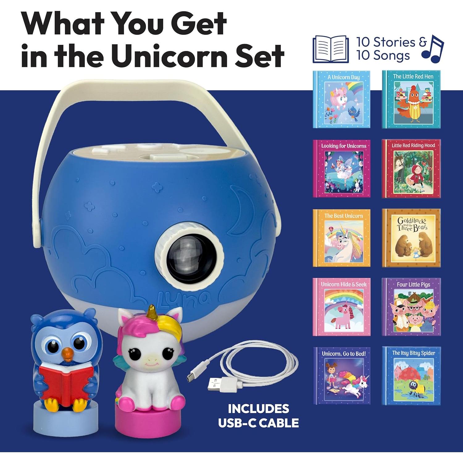 Proyector de Cuentos Luna - Unicornio y Búho - 10 Cuentos y Canciones