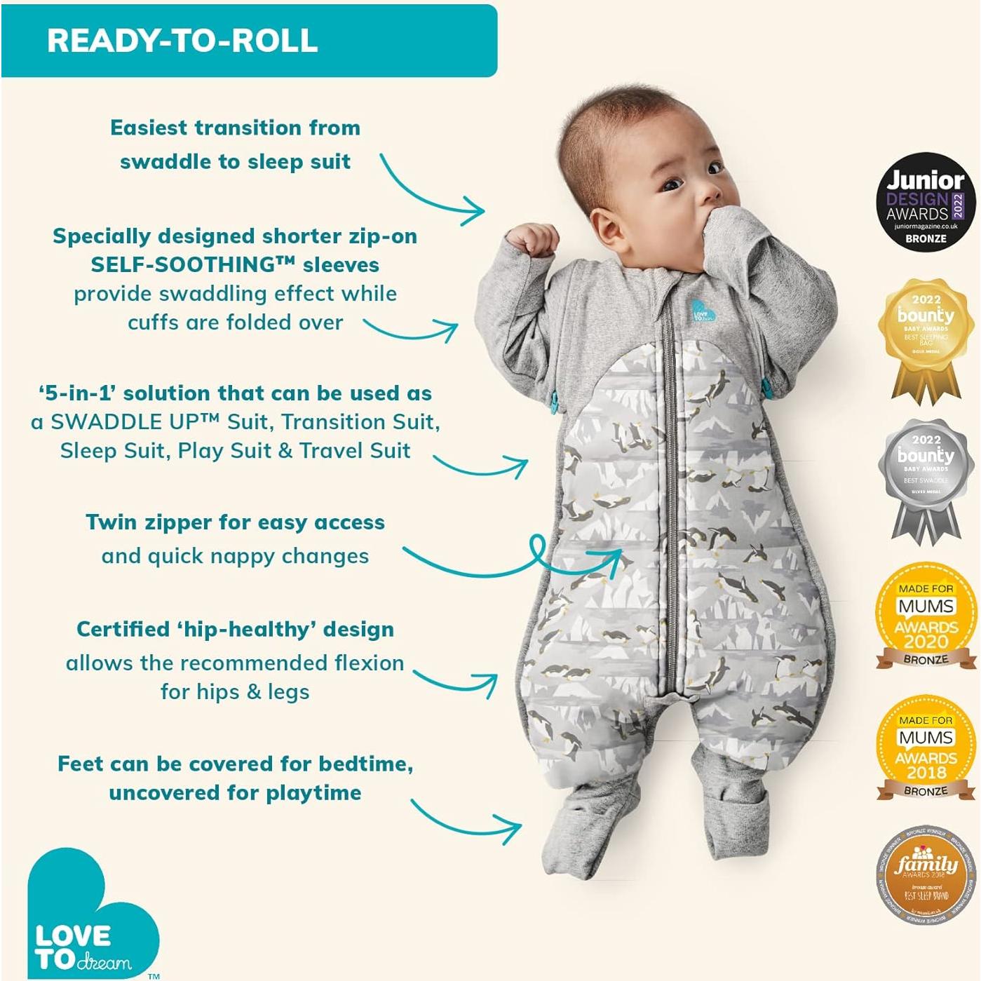 Love to Dream Swaddle UP Suit Mediano Gris 5.9-8.6 kg Transición Segura