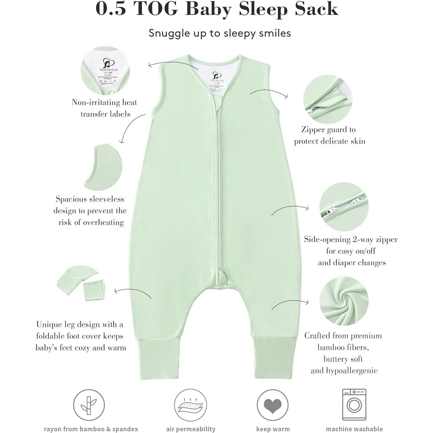 Saco de Sueño TADO MUSLIN Verde 12-18M 0.5 Tog Transpirable