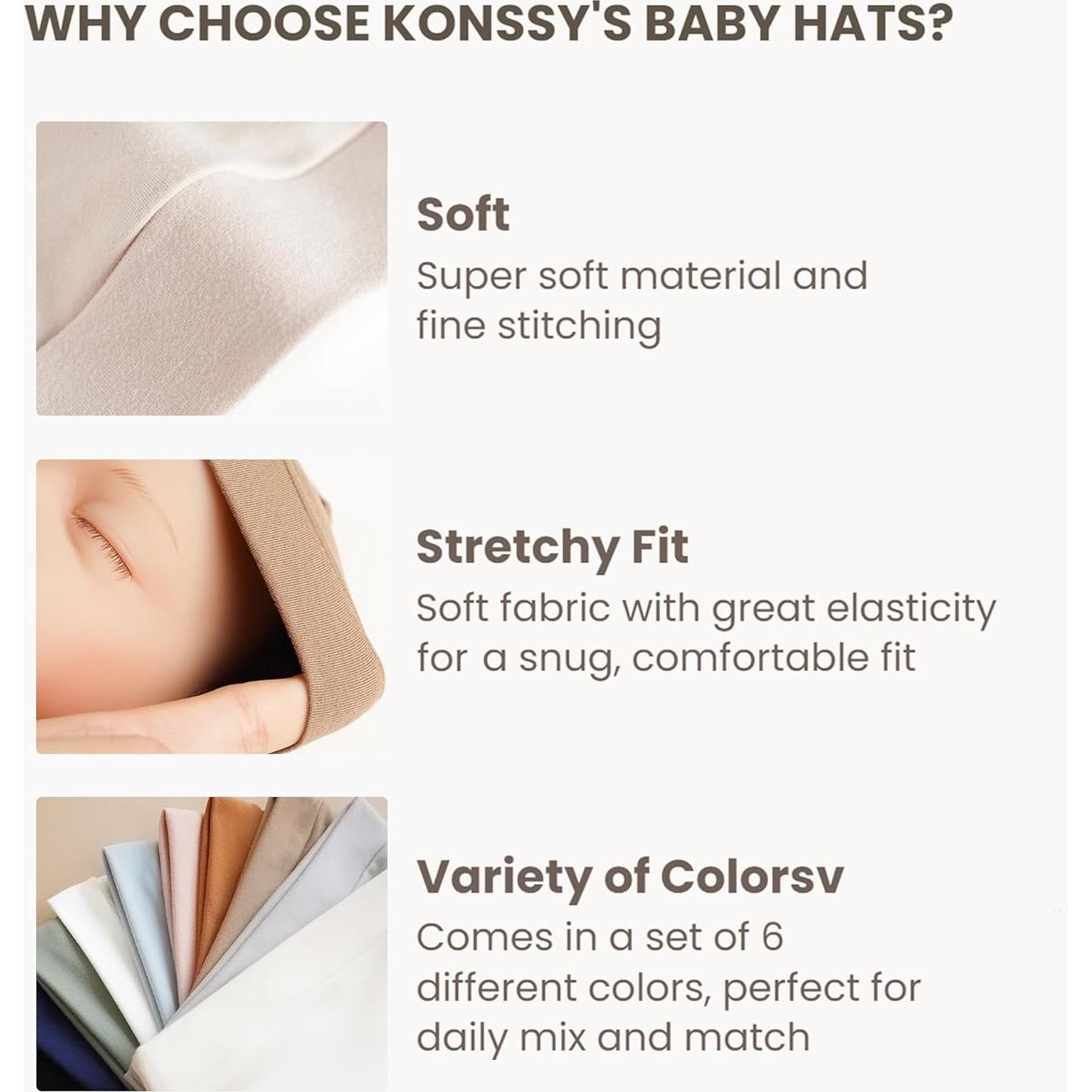 Konssy Paquete de 6 Gorras Beanie Suaves para Bebés 0-6 Meses
