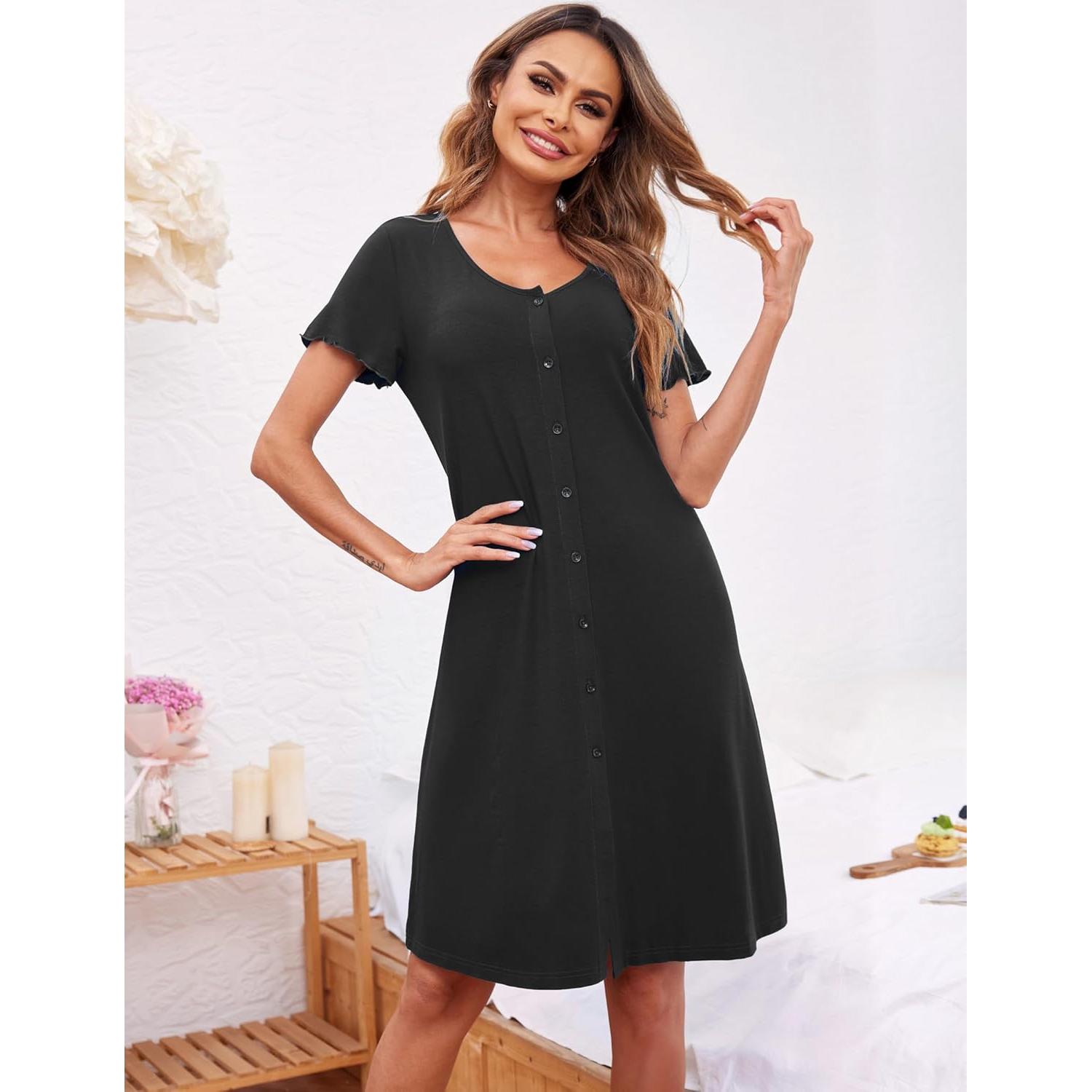 Camisón de Mujer Ekouaer Manga Corta Viscosa Negro